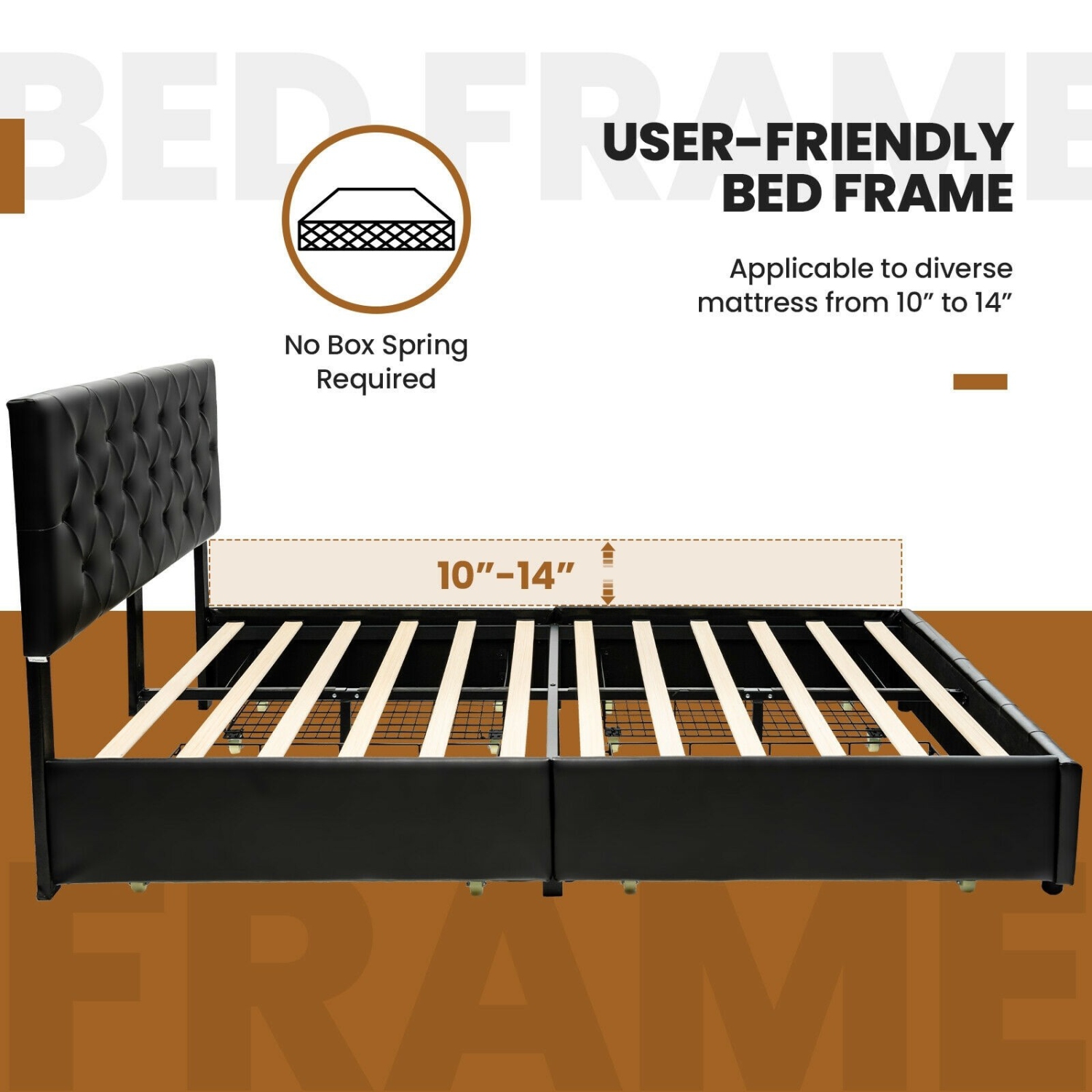 Faux Leather Upholstered Platform Bed – Storage Drawers and Wooden Slats Included