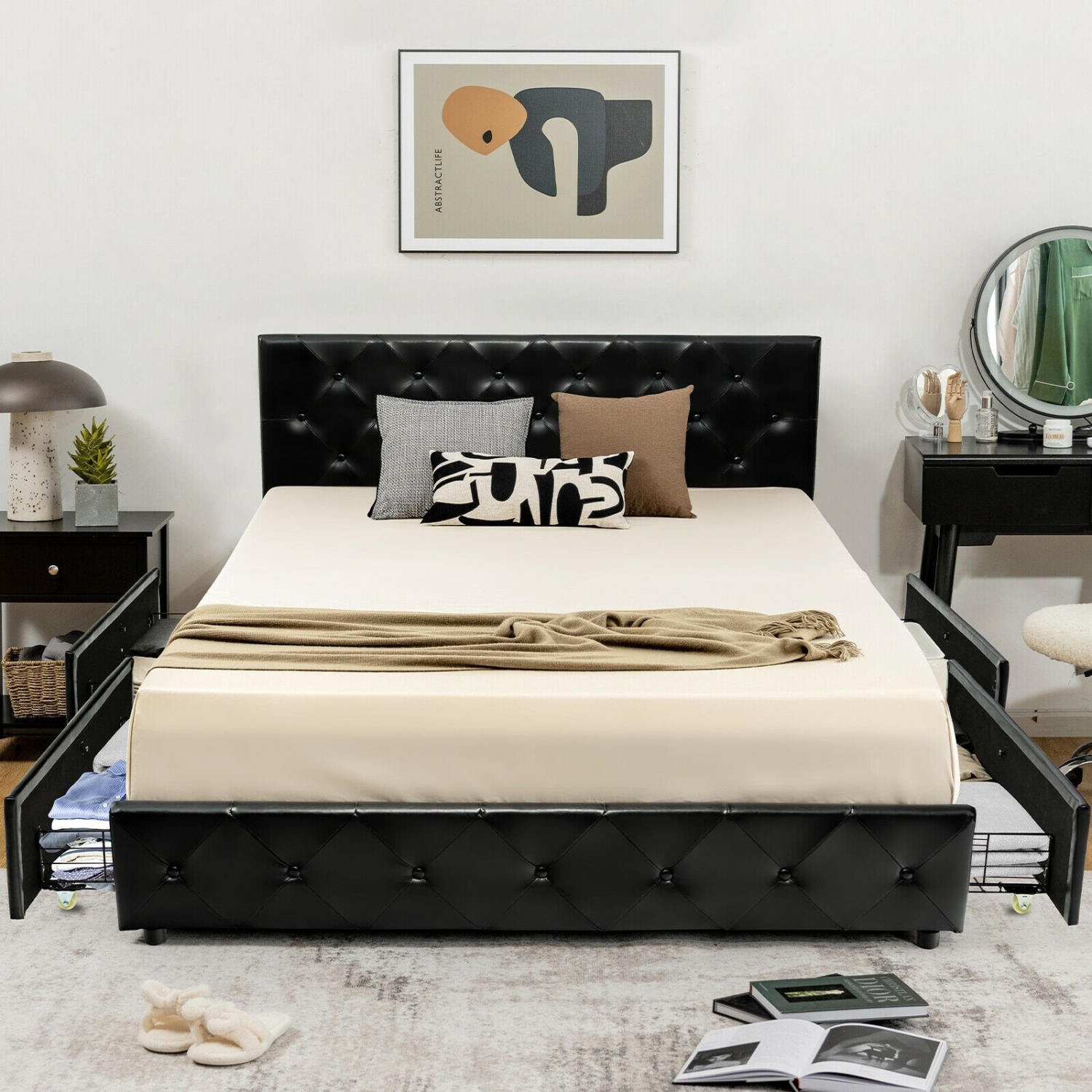 Faux Leather Upholstered Platform Bed – Storage Drawers and Wooden Slats Included