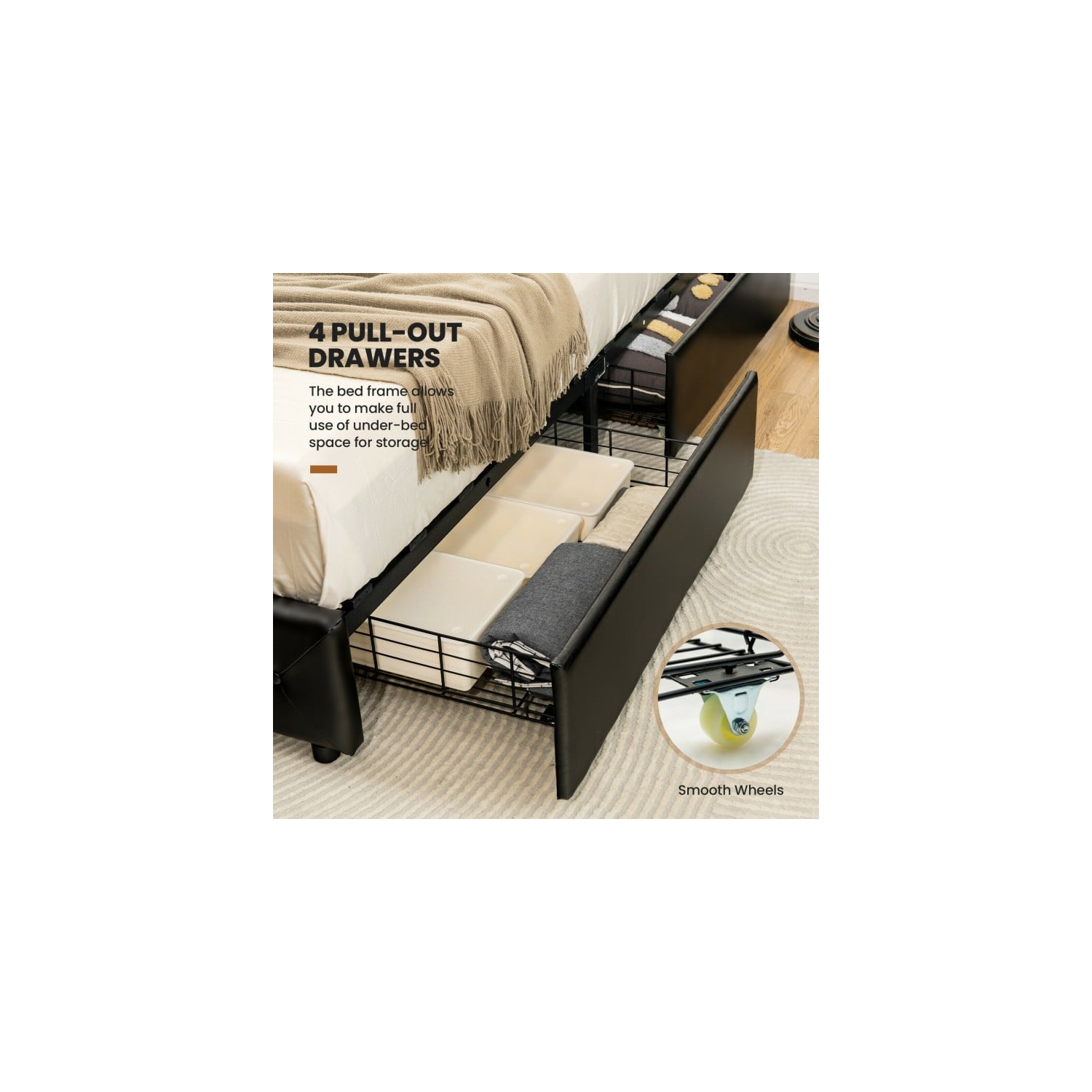 Faux Leather Upholstered Platform Bed – Storage Drawers and Wooden Slats Included