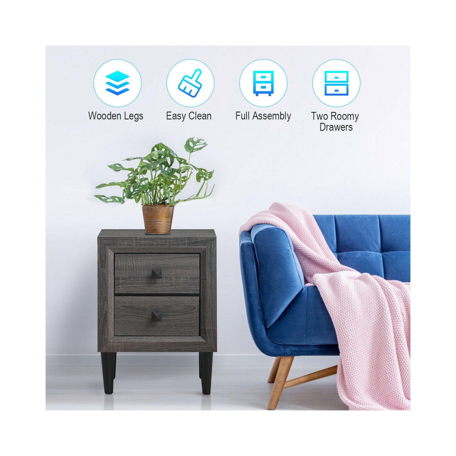 2PCS Nightstand W/2 Drawer Multipurpose