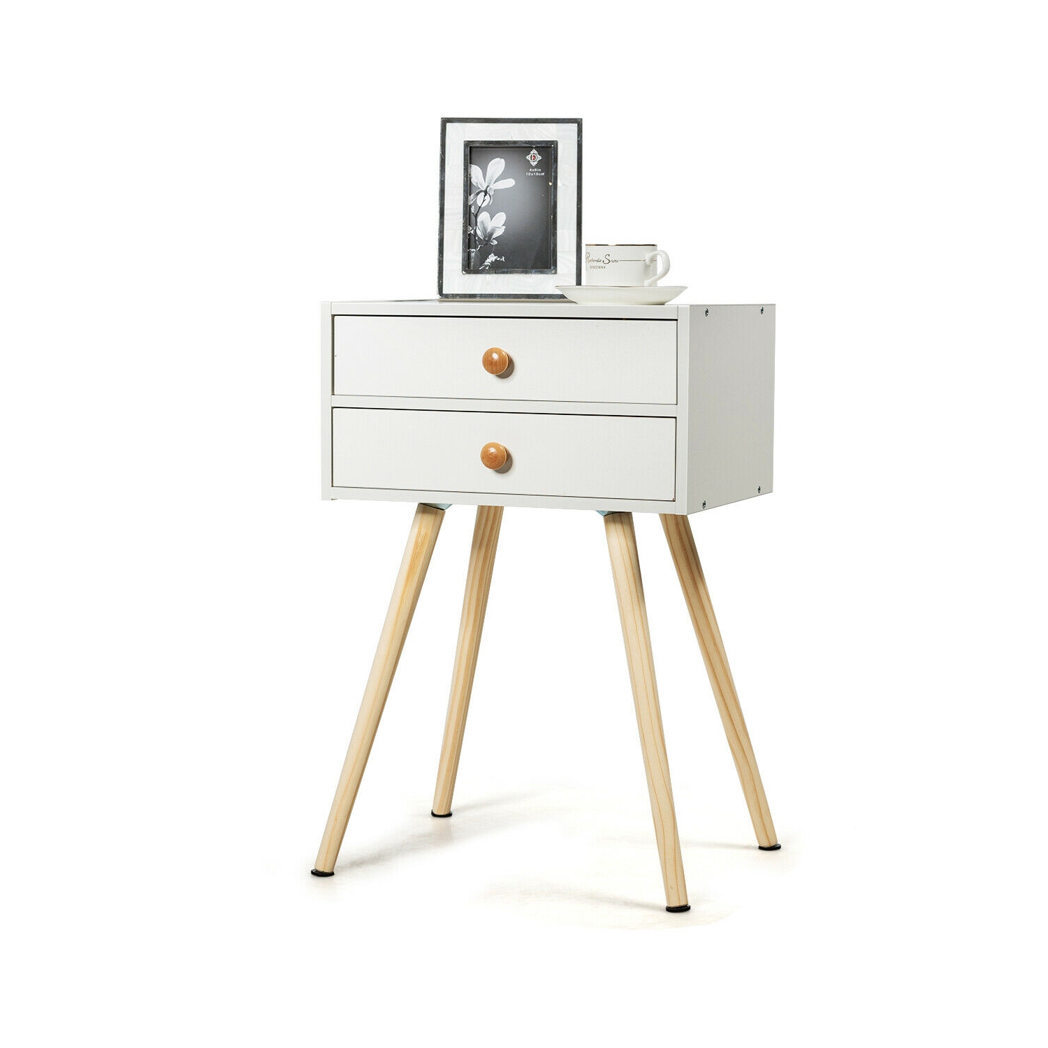 Mid Century Modern 2 Drawers Nightstand in Natural-White