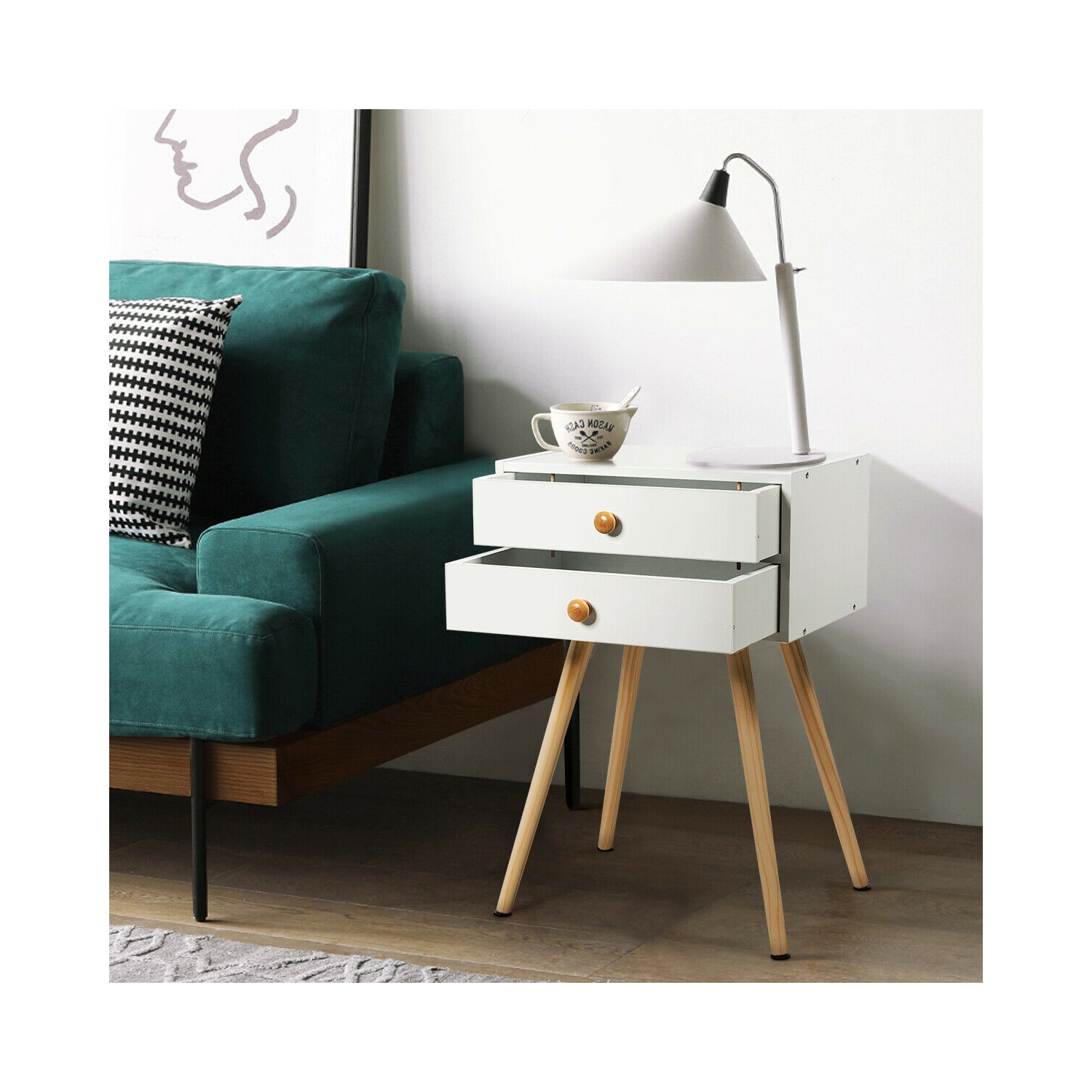 Mid Century Modern 2 Drawers Nightstand in Natural-White