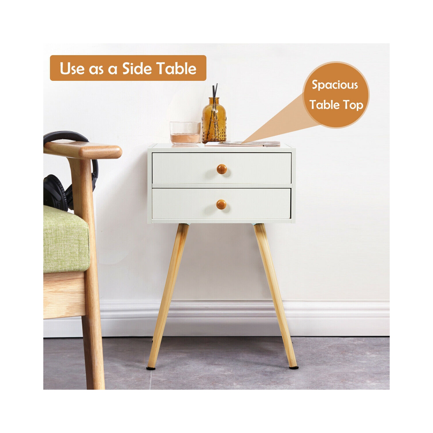 Mid Century Modern 2 Drawers Nightstand in Natural-White