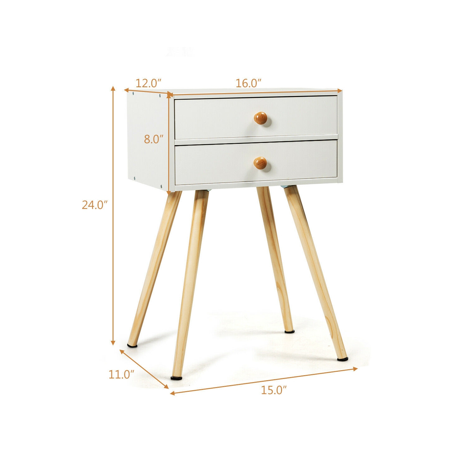 Mid Century Modern 2 Drawers Nightstand in Natural-White
