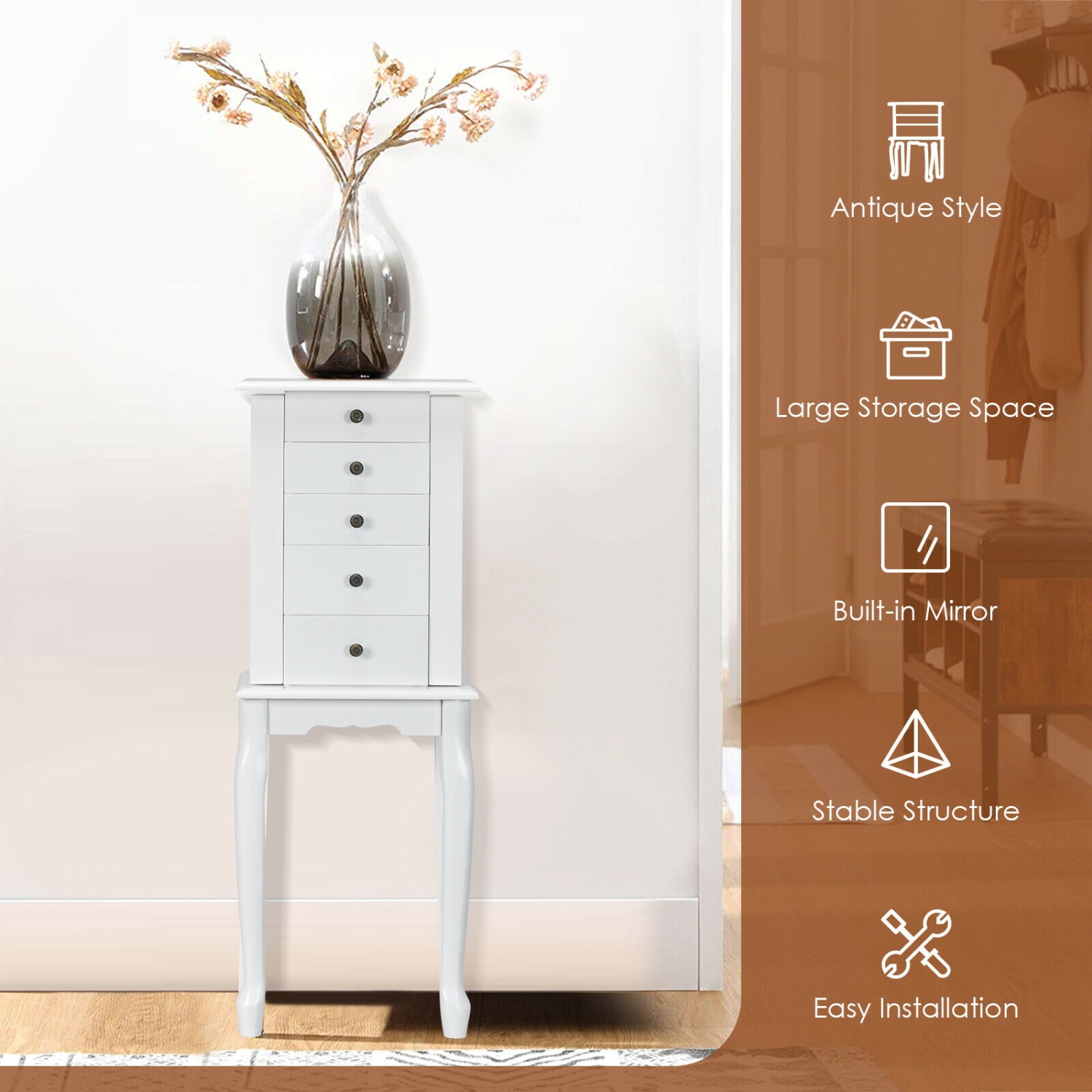 Armoire à bijoux debout avec miroir en 2 couleurs