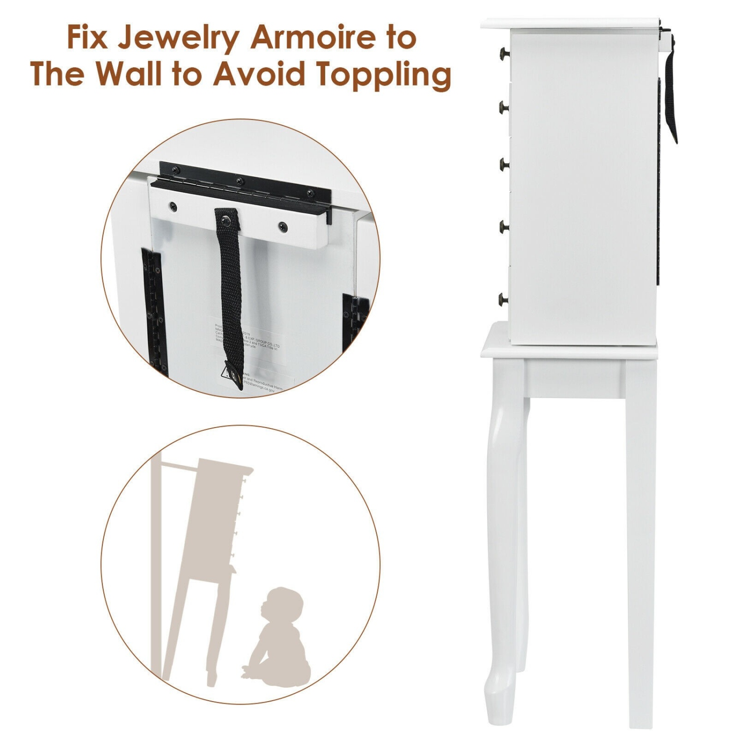 Armoire à bijoux debout avec miroir en 2 couleurs