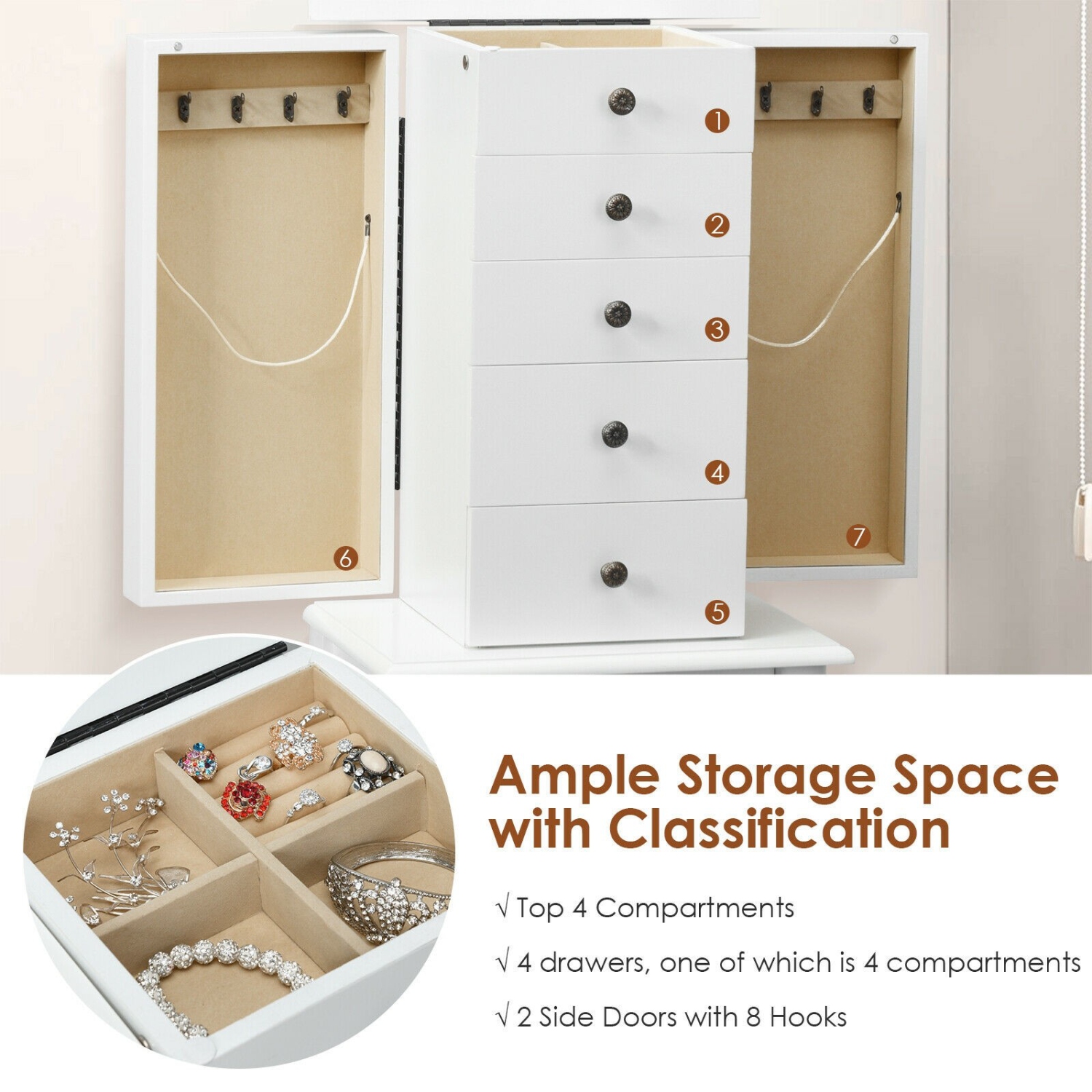 Armoire à bijoux debout avec miroir en 2 couleurs