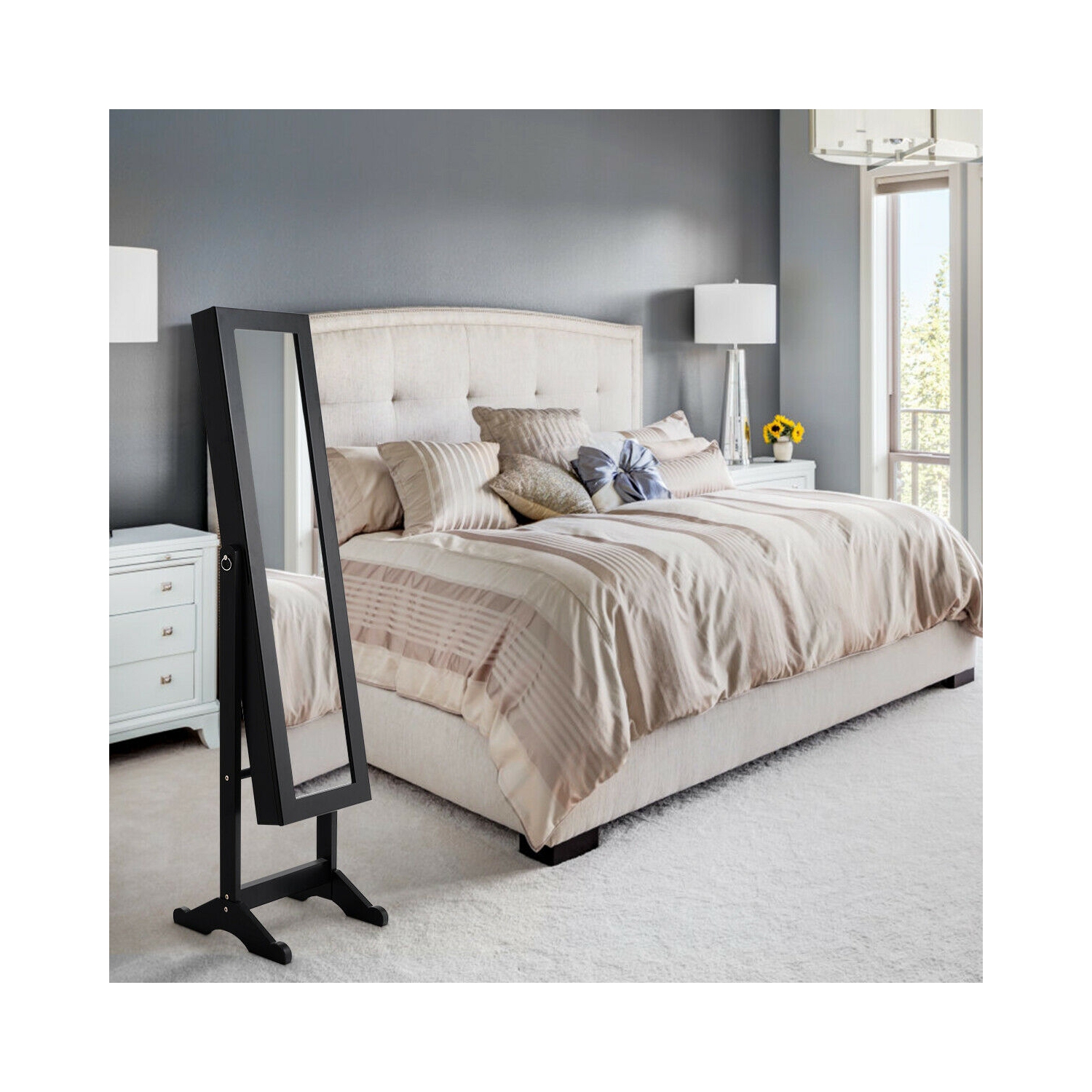 Mirrored Jewelry Cabinet with Organizer Box, Ring Storage, and Stand