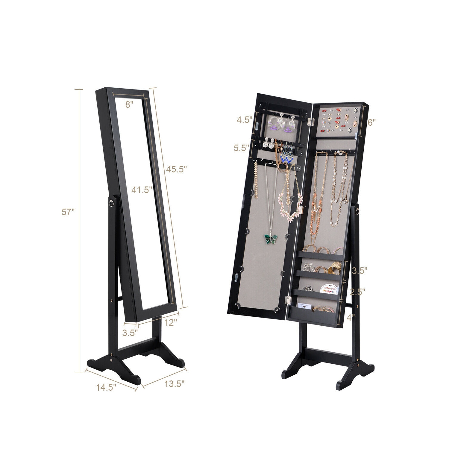 Mirrored Jewelry Cabinet with Organizer Box, Ring Storage, and Stand