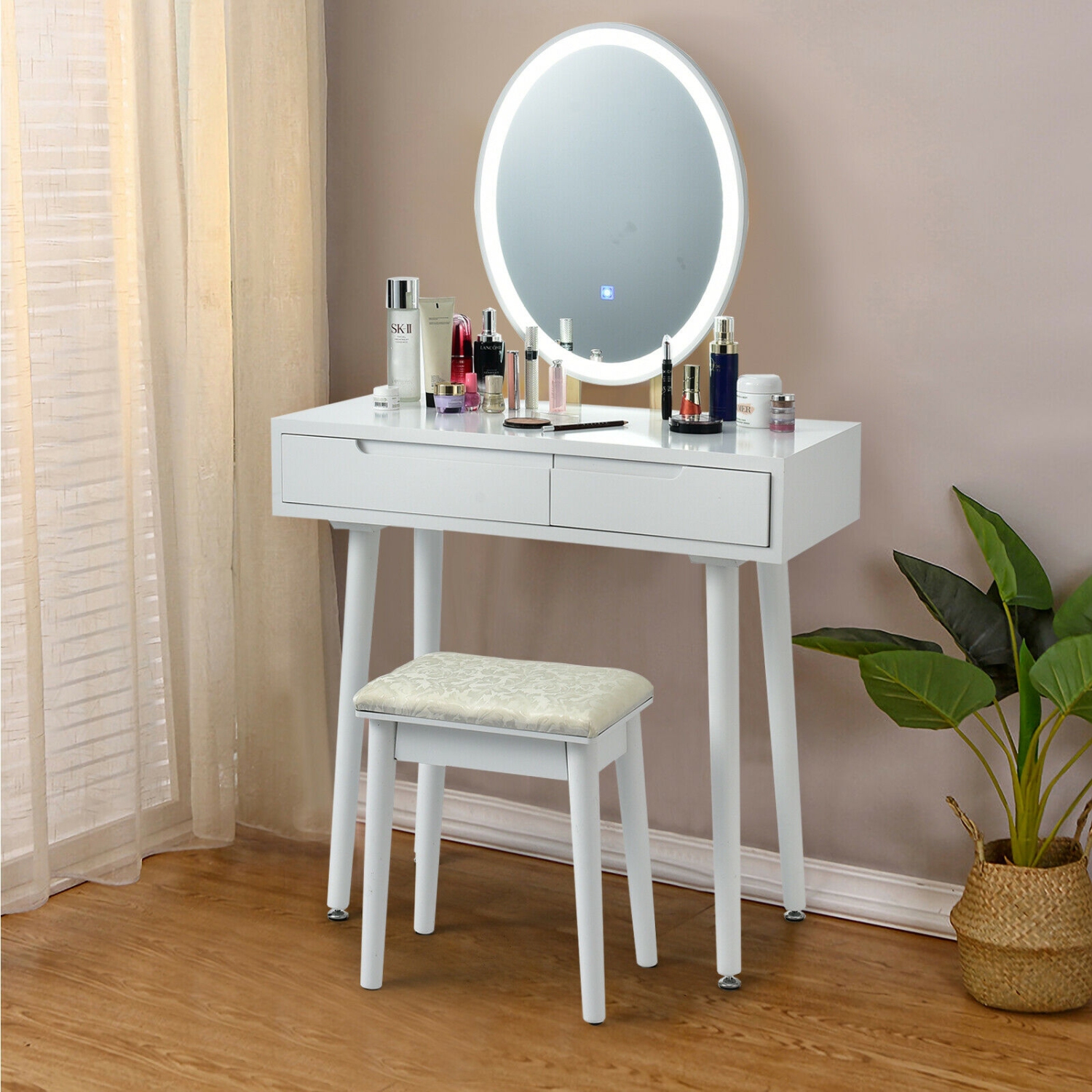 Touch Screen Vanity Set with Lighted Mirror, Makeup Table with Drawers and Matching Stool