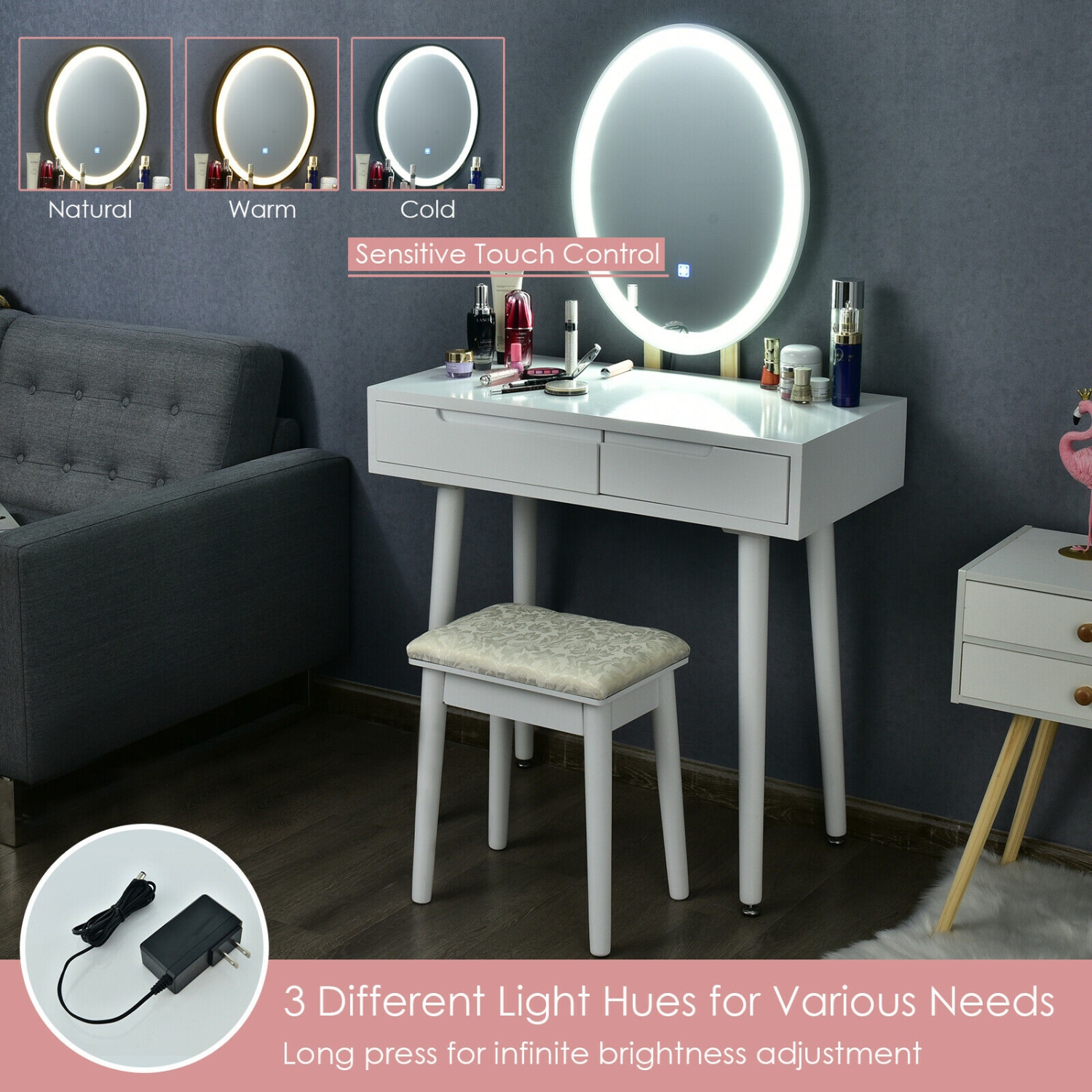 Touch Screen Vanity Set with Lighted Mirror, Makeup Table with Drawers and Matching Stool
