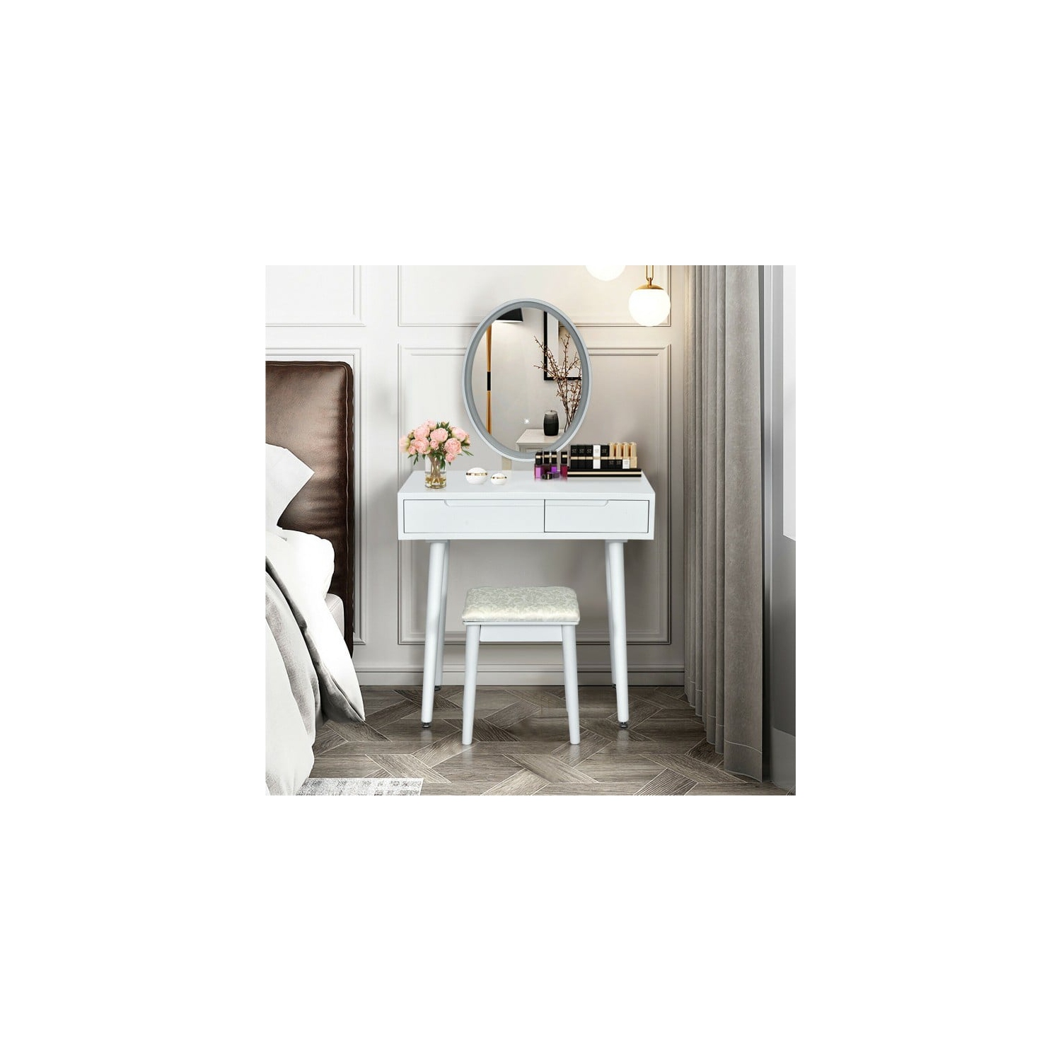 Touch Screen Vanity Set with Lighted Mirror, Makeup Table with Drawers and Matching Stool