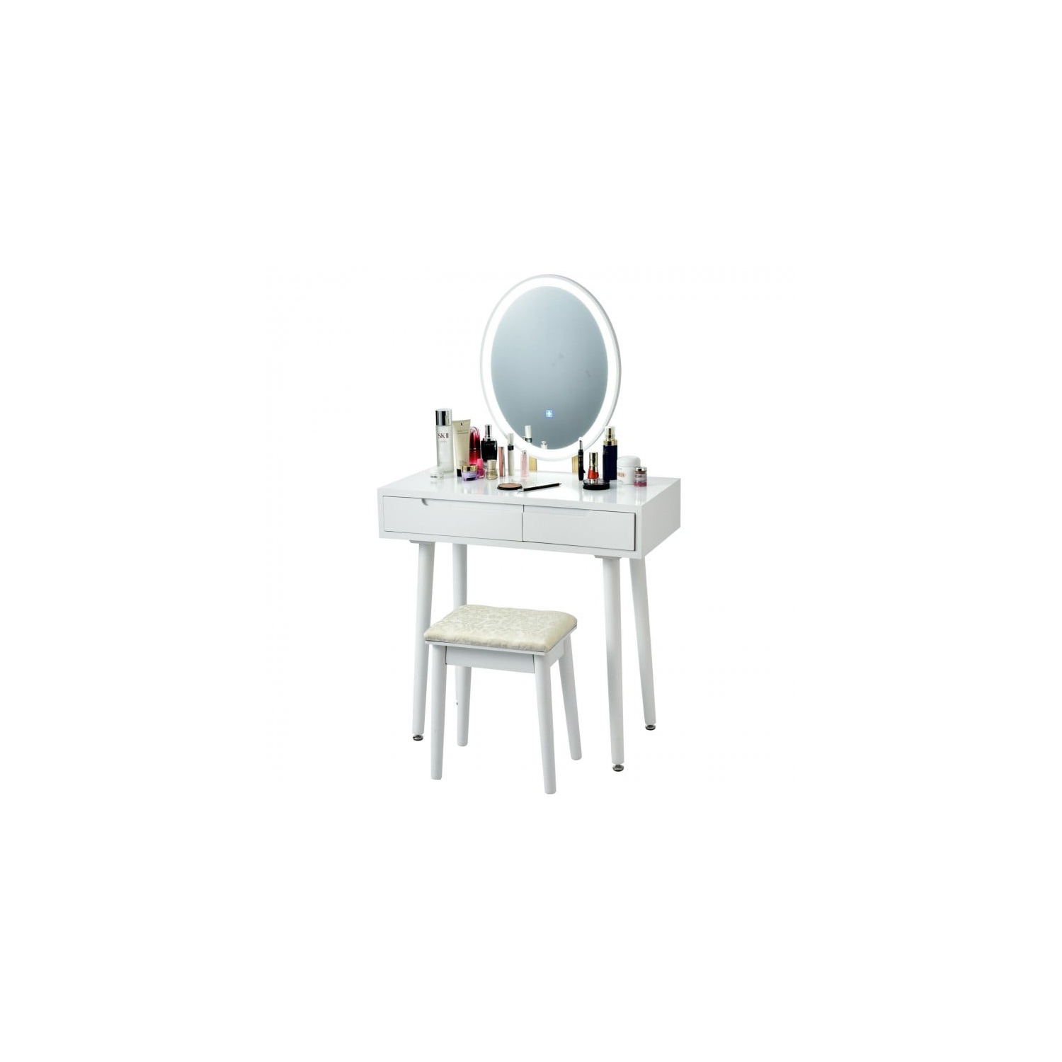 Touch Screen Vanity Set with Lighted Mirror, Makeup Table with Drawers and Matching Stool