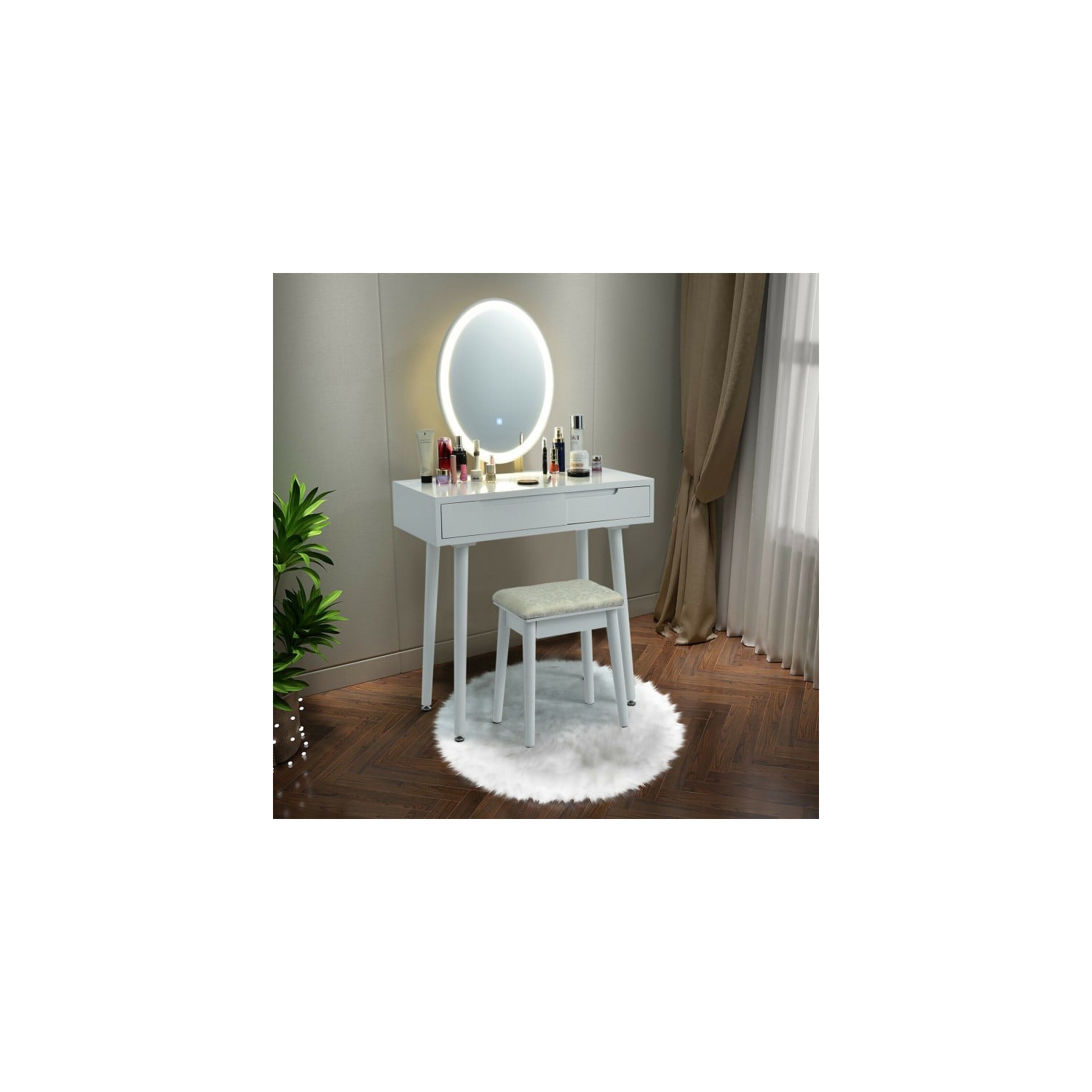 Touch Screen Vanity Set with Lighted Mirror, Makeup Table with Drawers and Matching Stool
