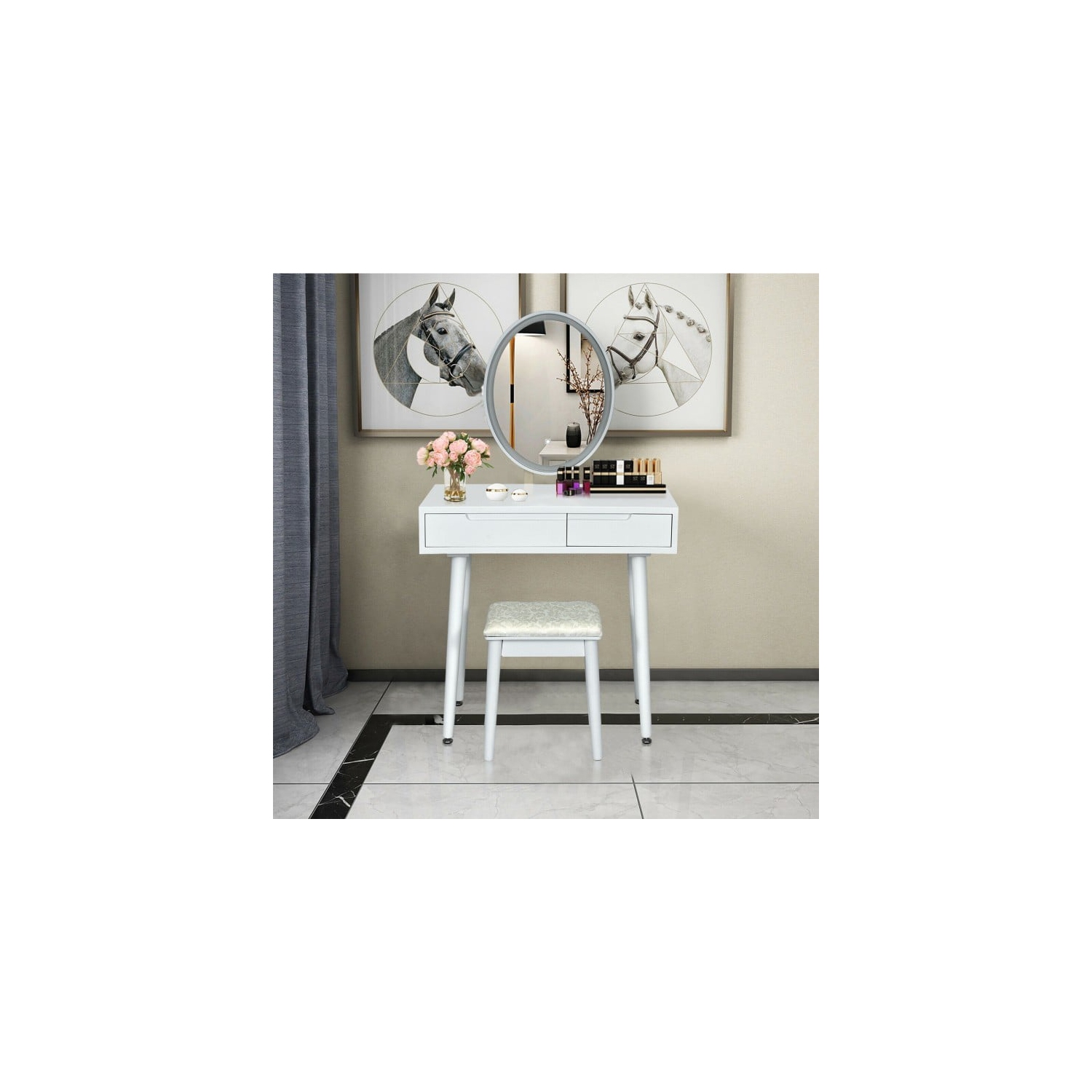 Touch Screen Vanity Set with Lighted Mirror, Makeup Table with Drawers and Matching Stool