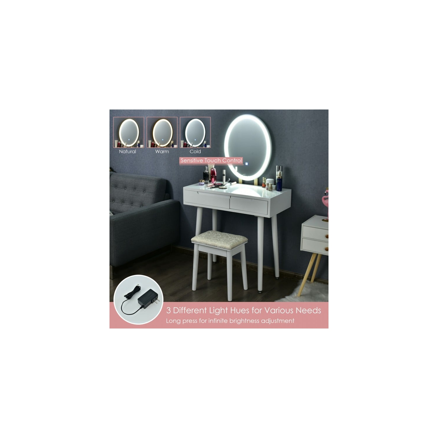 Touch Screen Vanity Set with Lighted Mirror, Makeup Table with Drawers and Matching Stool