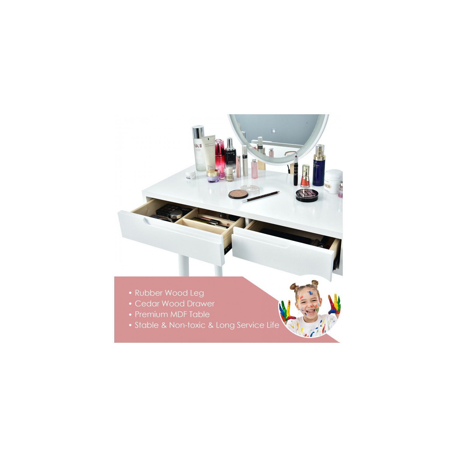 Touch Screen Vanity Set with Lighted Mirror, Makeup Table with Drawers and Matching Stool