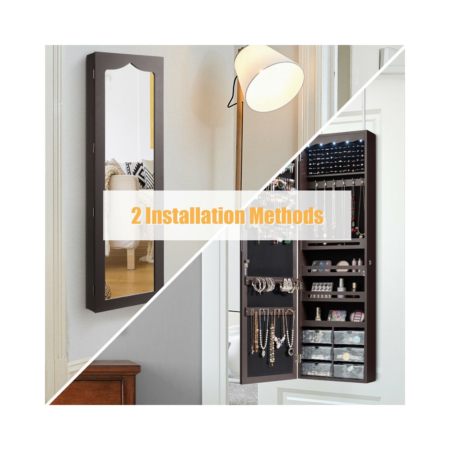 Armoire à bijoux LED avec 5 lumières et miroir mural ou de porte