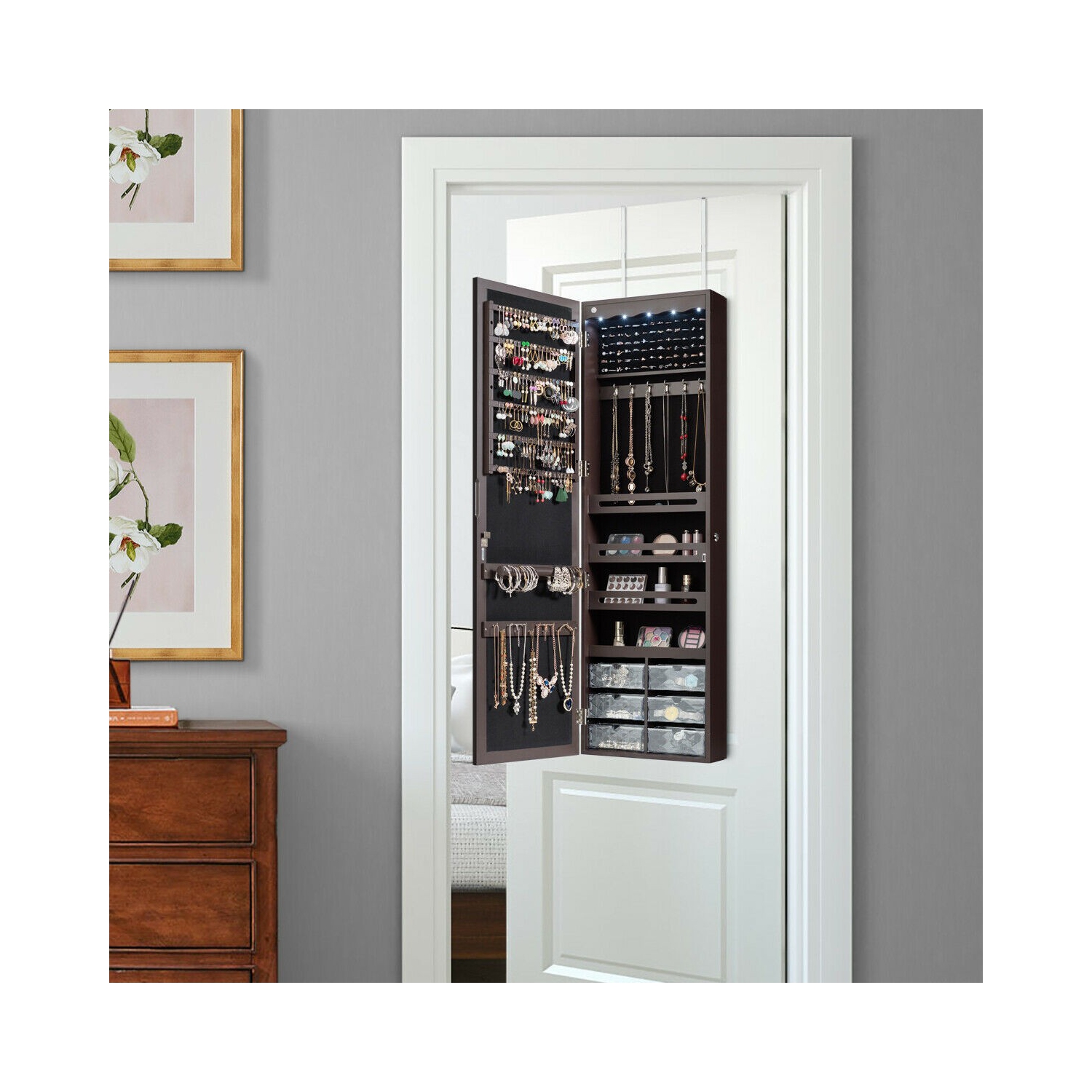 Armoire à bijoux LED avec 5 lumières et miroir mural ou de porte