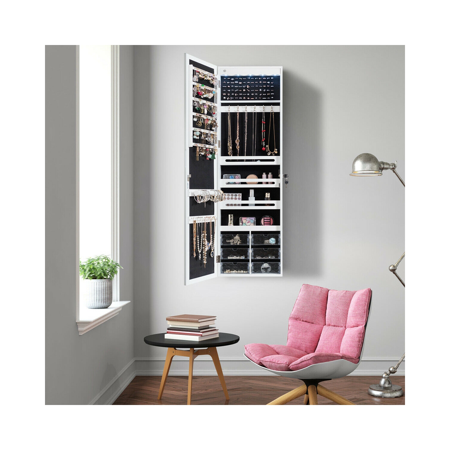 Armoire à bijoux LED avec 5 lumières et miroir mural ou de porte