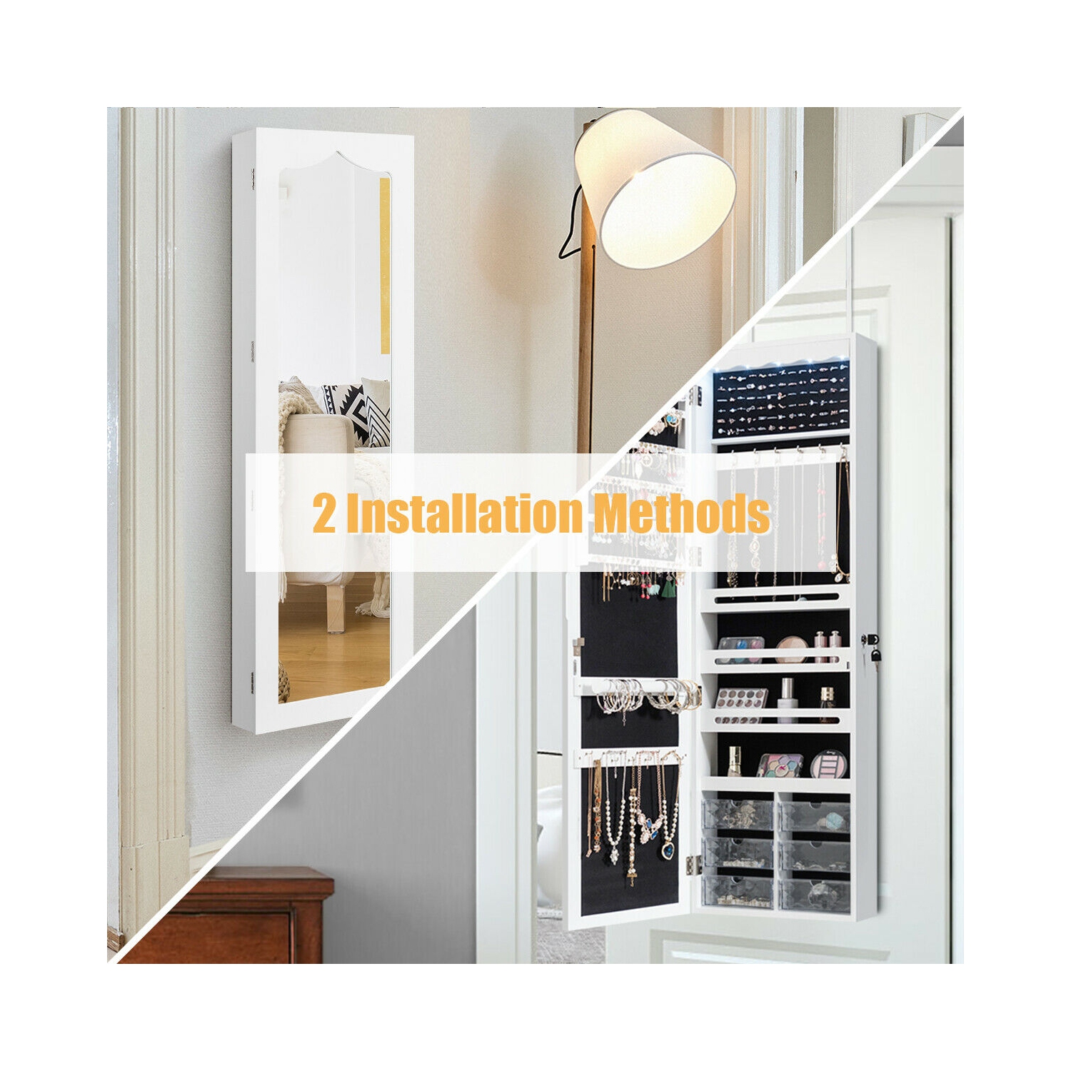 Armoire à bijoux LED avec 5 lumières et miroir mural ou de porte