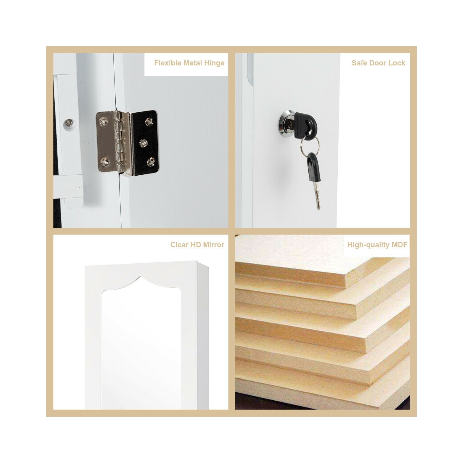 Armoire à bijoux LED avec 5 lumières et miroir mural ou de porte