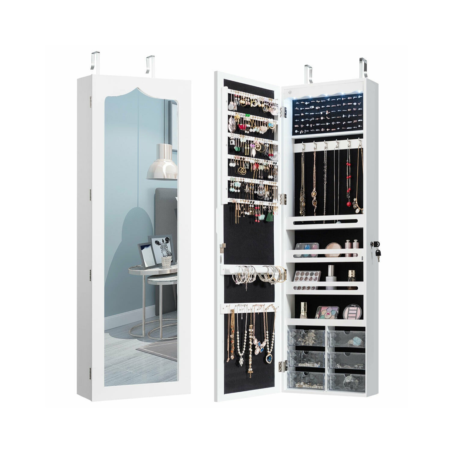 Armoire à bijoux LED avec 5 lumières et miroir mural ou de porte