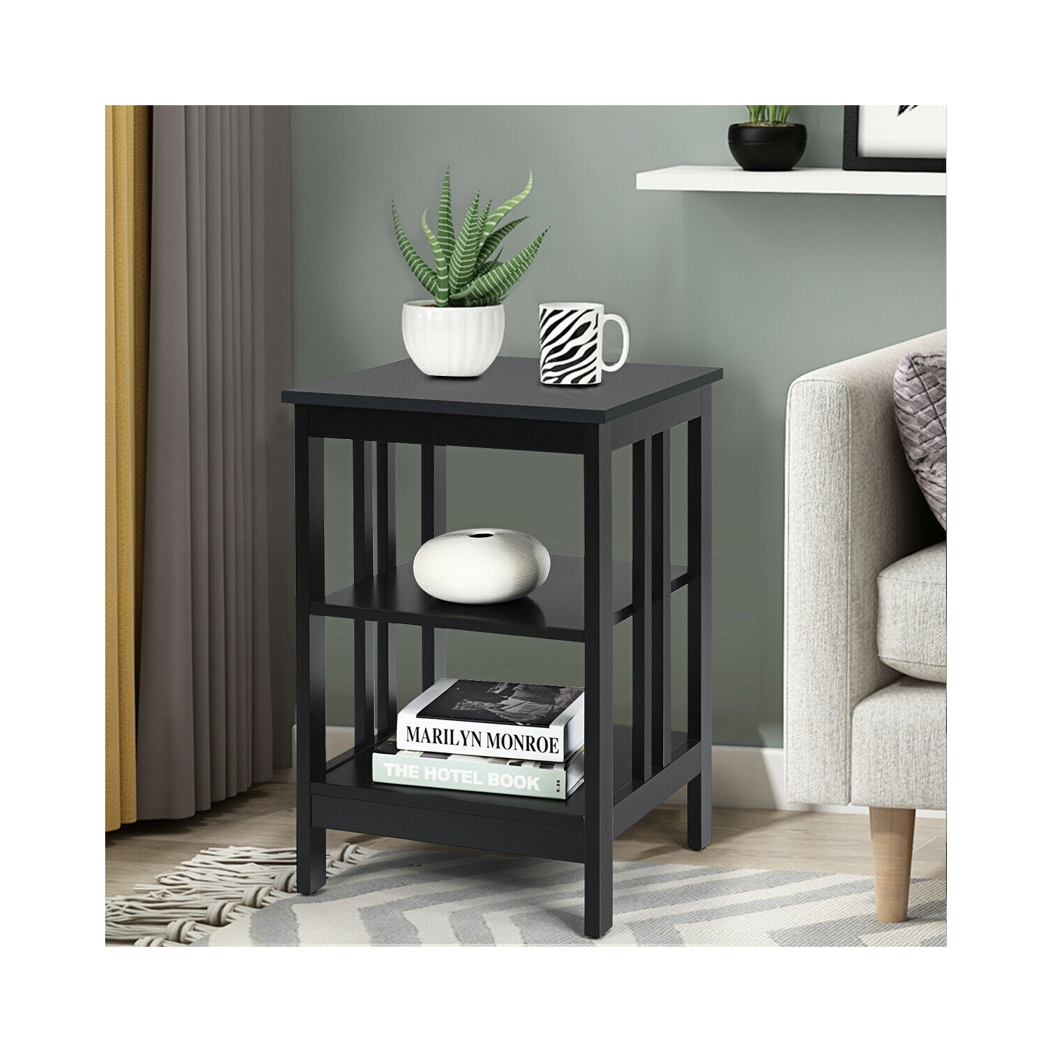 3-tier Side Table Nightstand with Stable Structure-Black