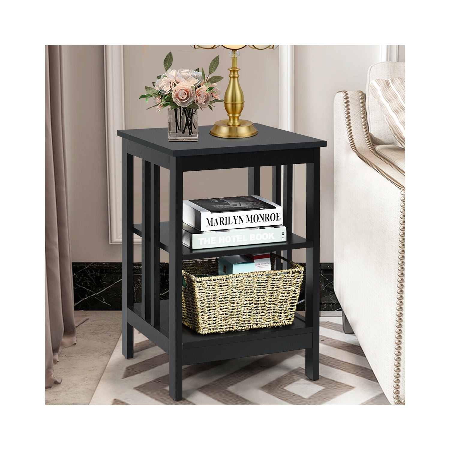 3-tier Side Table Nightstand with Stable Structure-Black