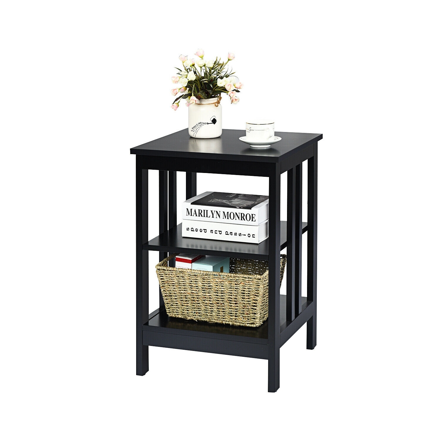 3-tier Side Table Nightstand with Stable Structure-Black