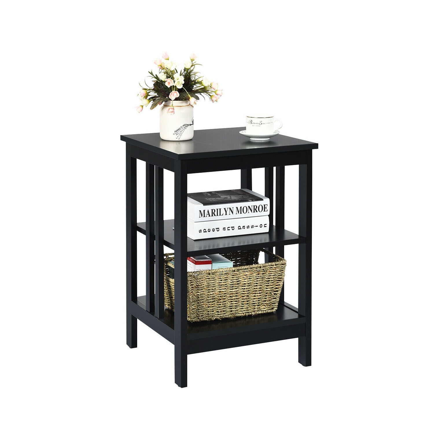 3-tier Side Table Nightstand with Stable Structure-Black