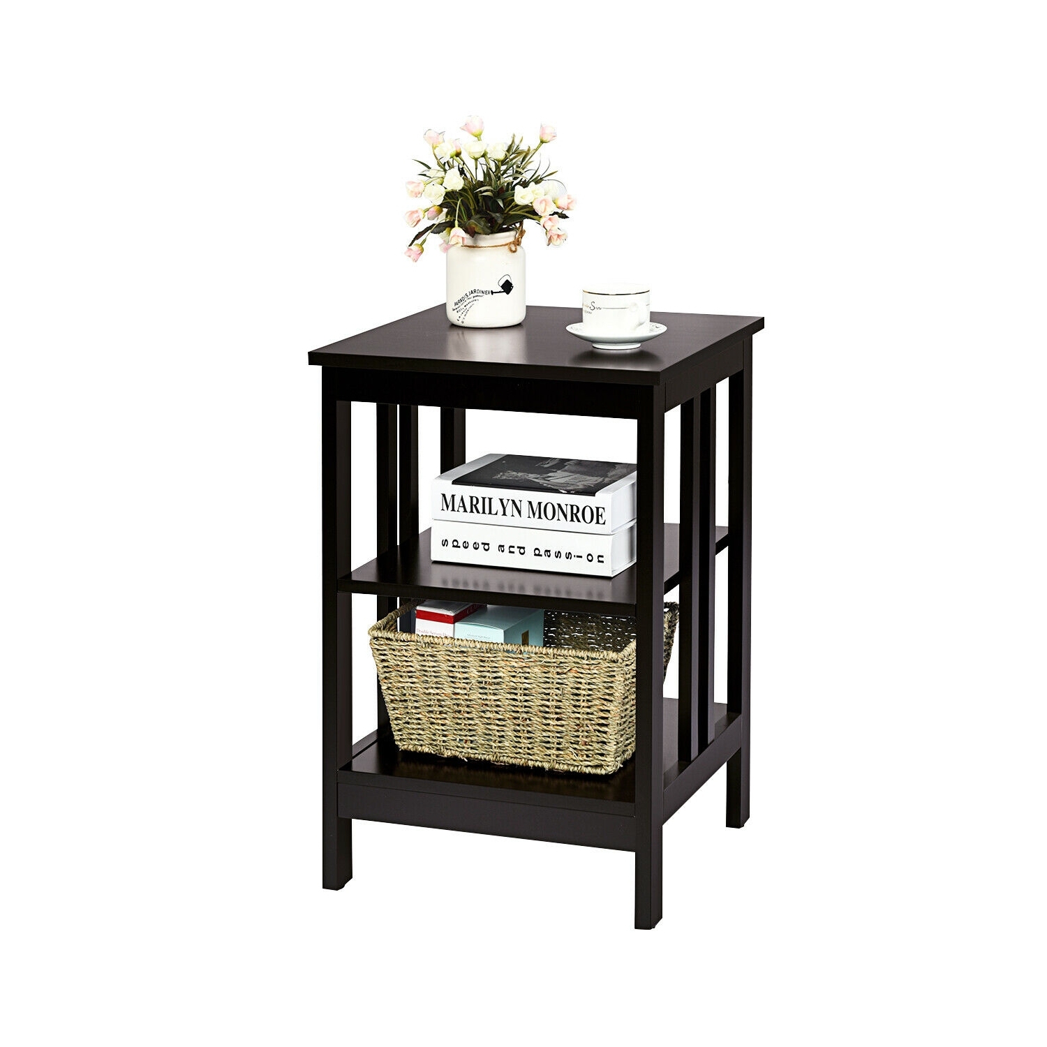 3-tier Side Table Nightstand with Stable Structure-Espresso