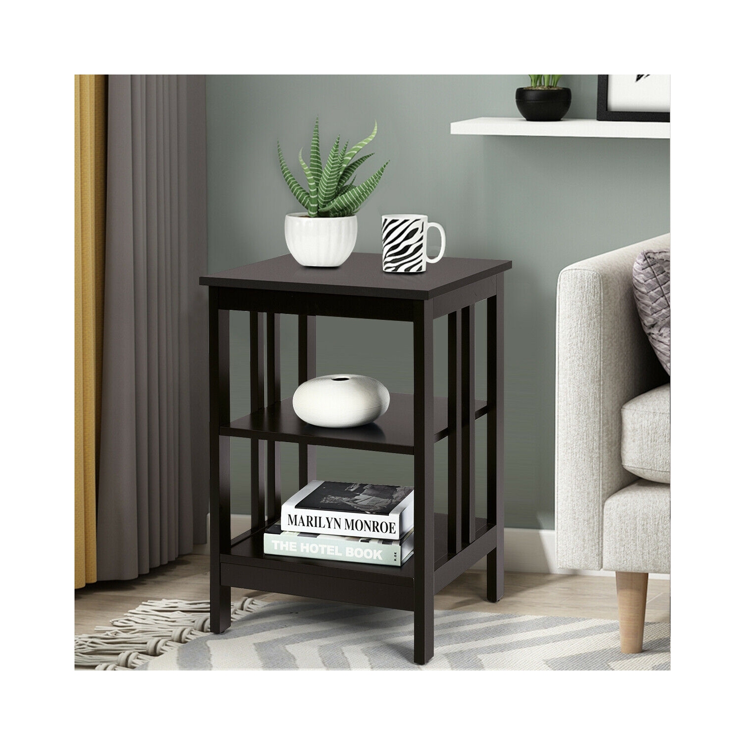 3-tier Side Table Nightstand with Stable Structure-Espresso