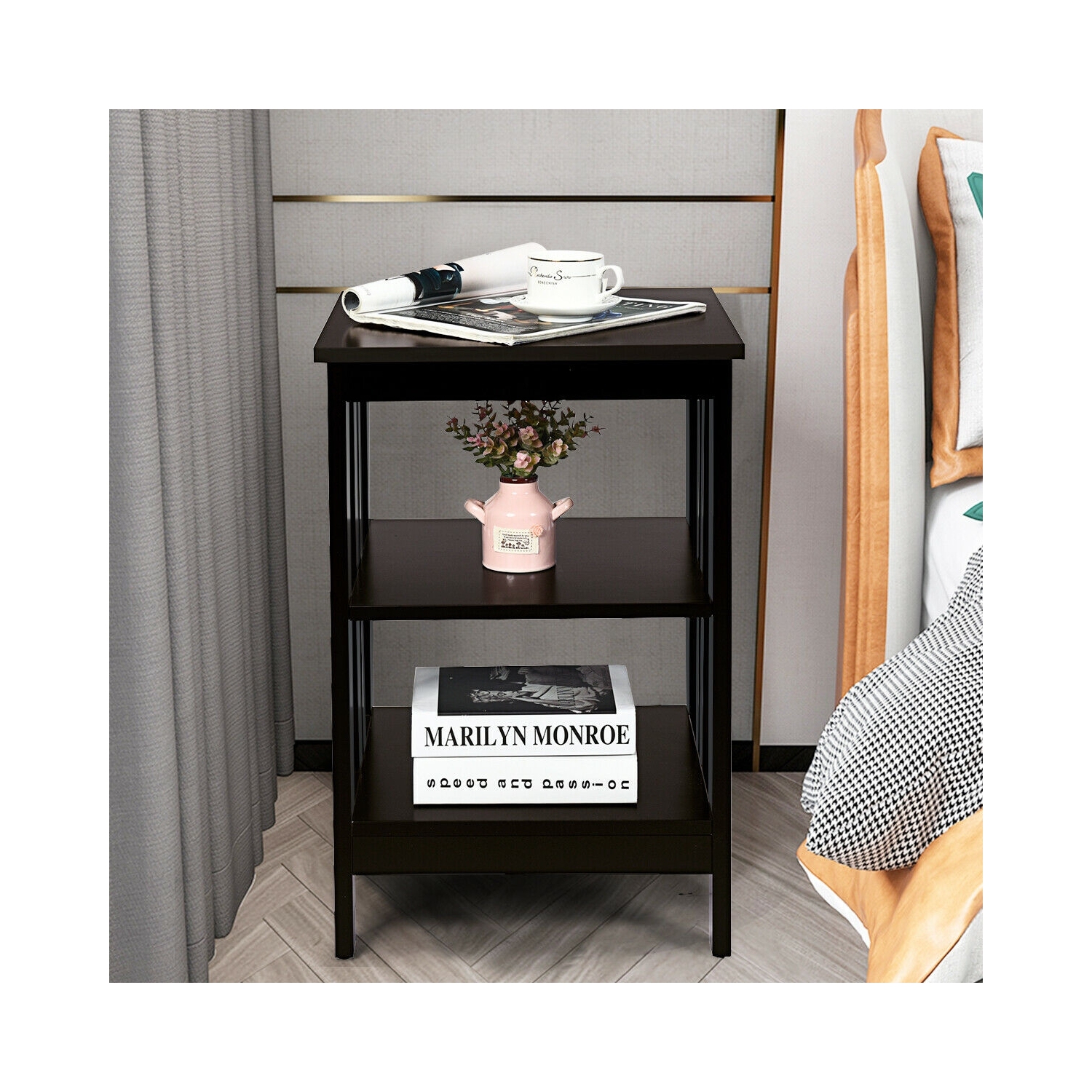 3-tier Side Table Nightstand with Stable Structure-Espresso