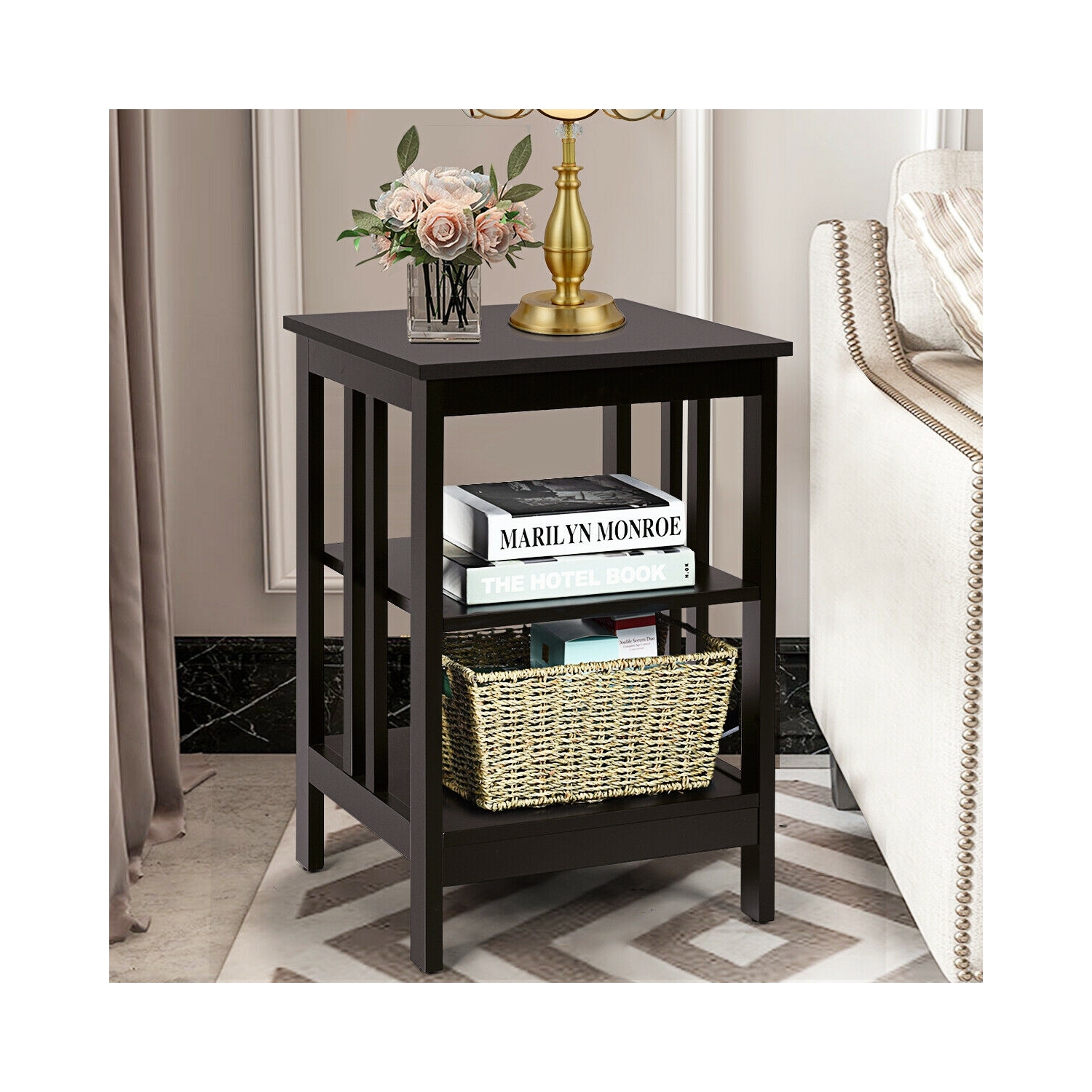 3-tier Side Table Nightstand with Stable Structure-Espresso
