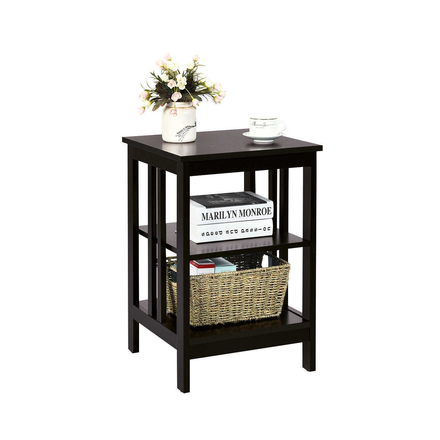 3-tier Side Table Nightstand with Stable Structure-Espresso