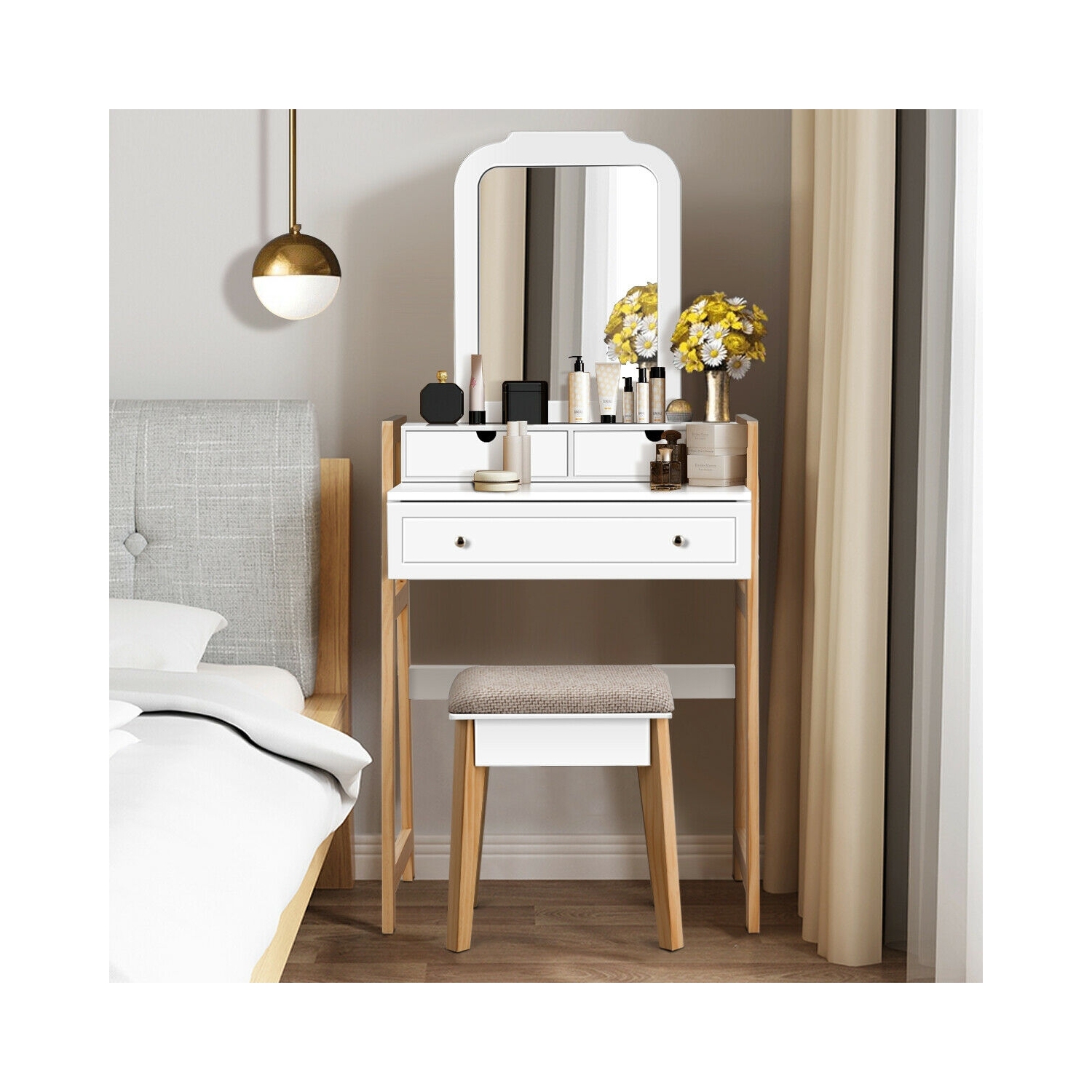 Makeup Vanity Table Dressing table and Cushioned Stool Set