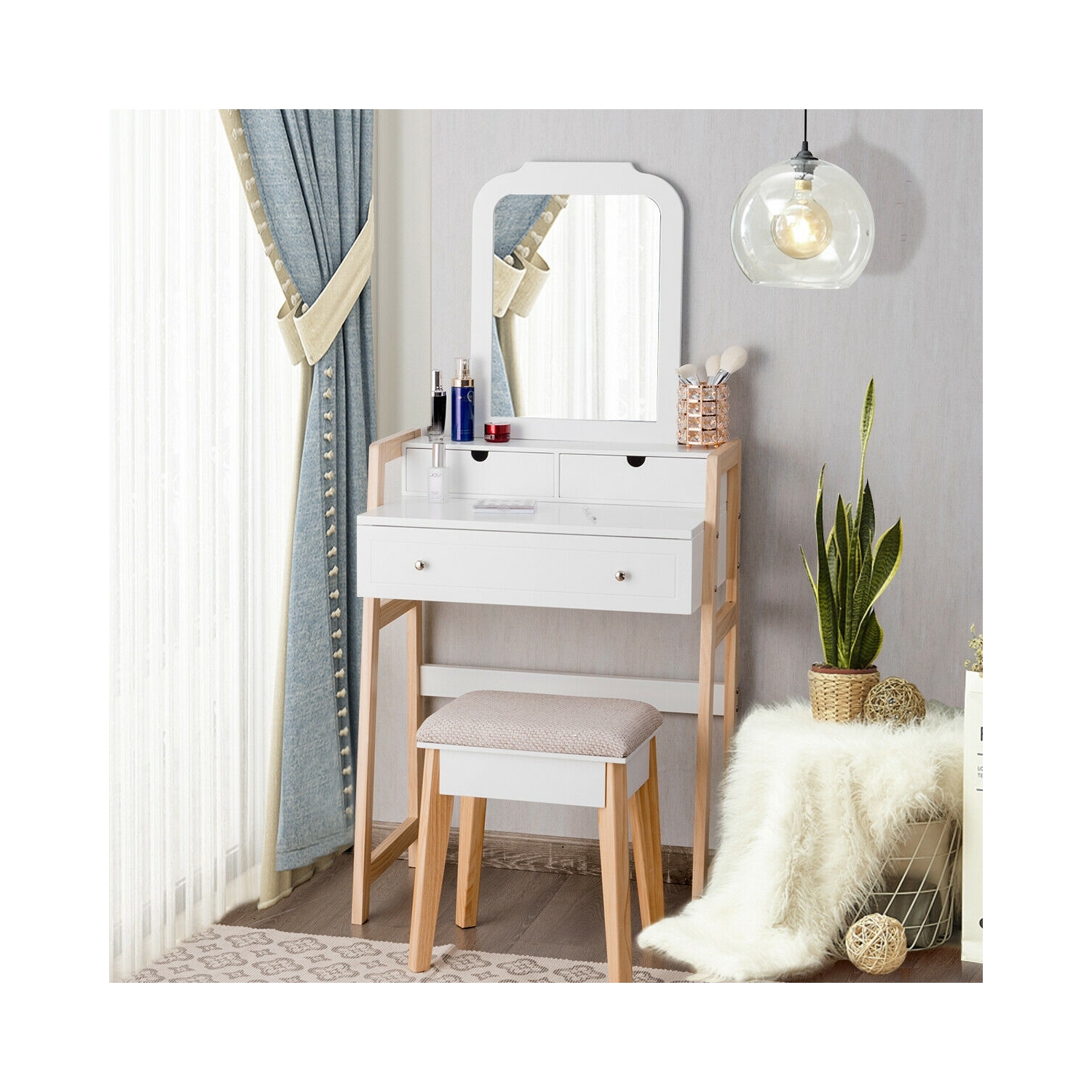 Makeup Vanity Table Dressing table and Cushioned Stool Set