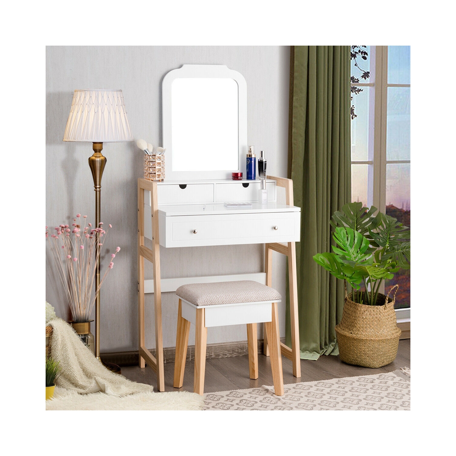 Makeup Vanity Table Dressing table and Cushioned Stool Set
