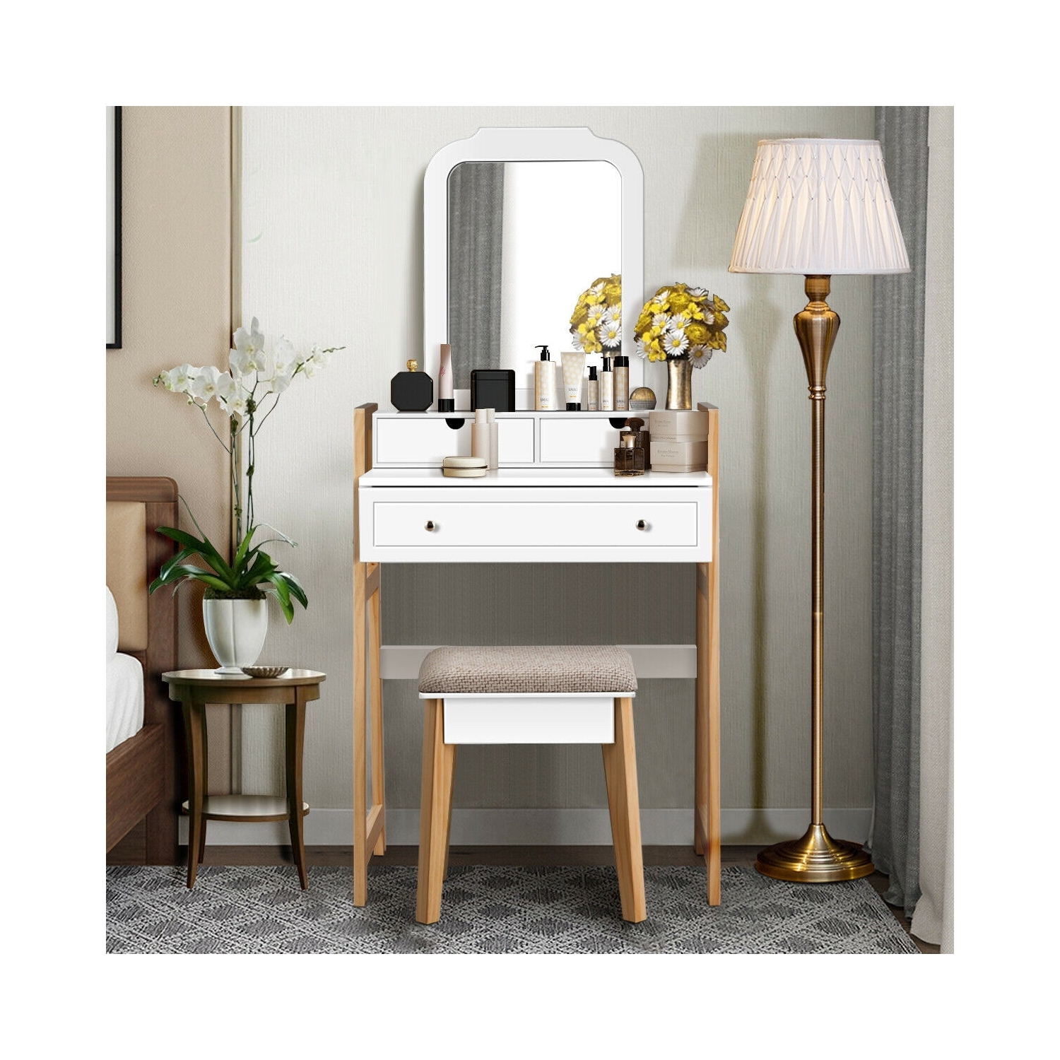 Makeup Vanity Table Dressing table and Cushioned Stool Set