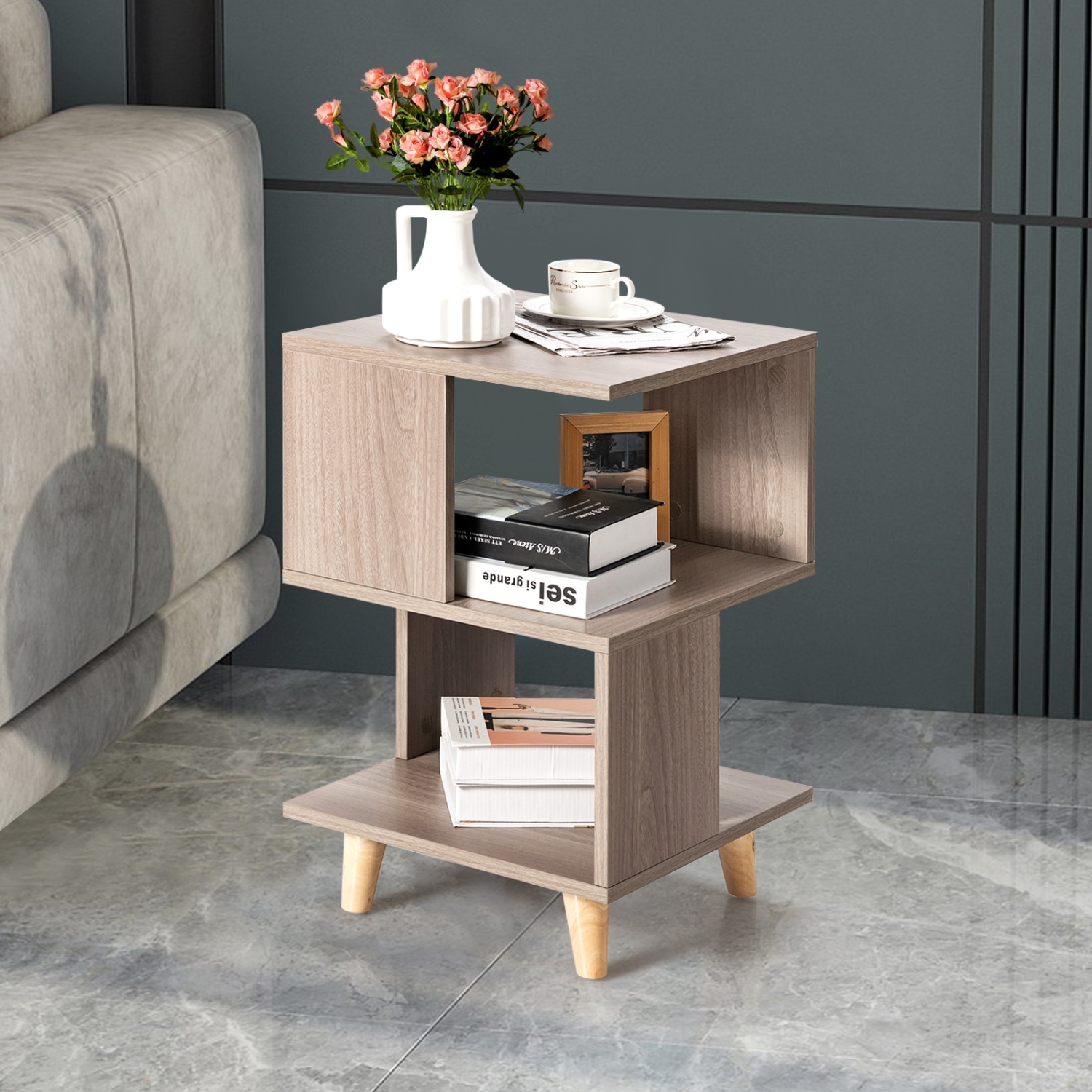 Set of 2 Modern Wooden Nightstands with Solid Wood Legs for Bedroom or Living Room