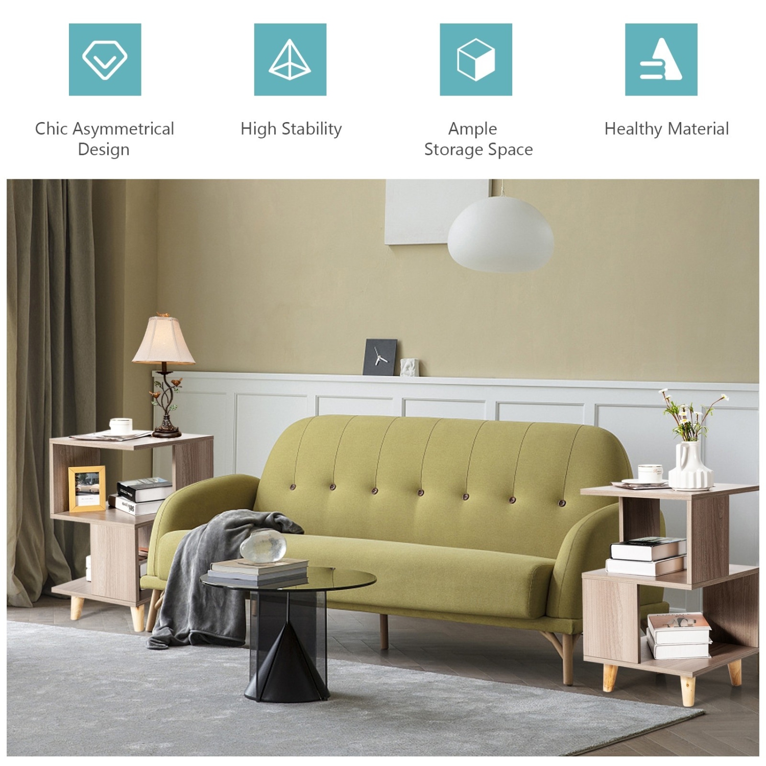 Set of 2 Modern Wooden Nightstands with Solid Wood Legs for Bedroom or Living Room