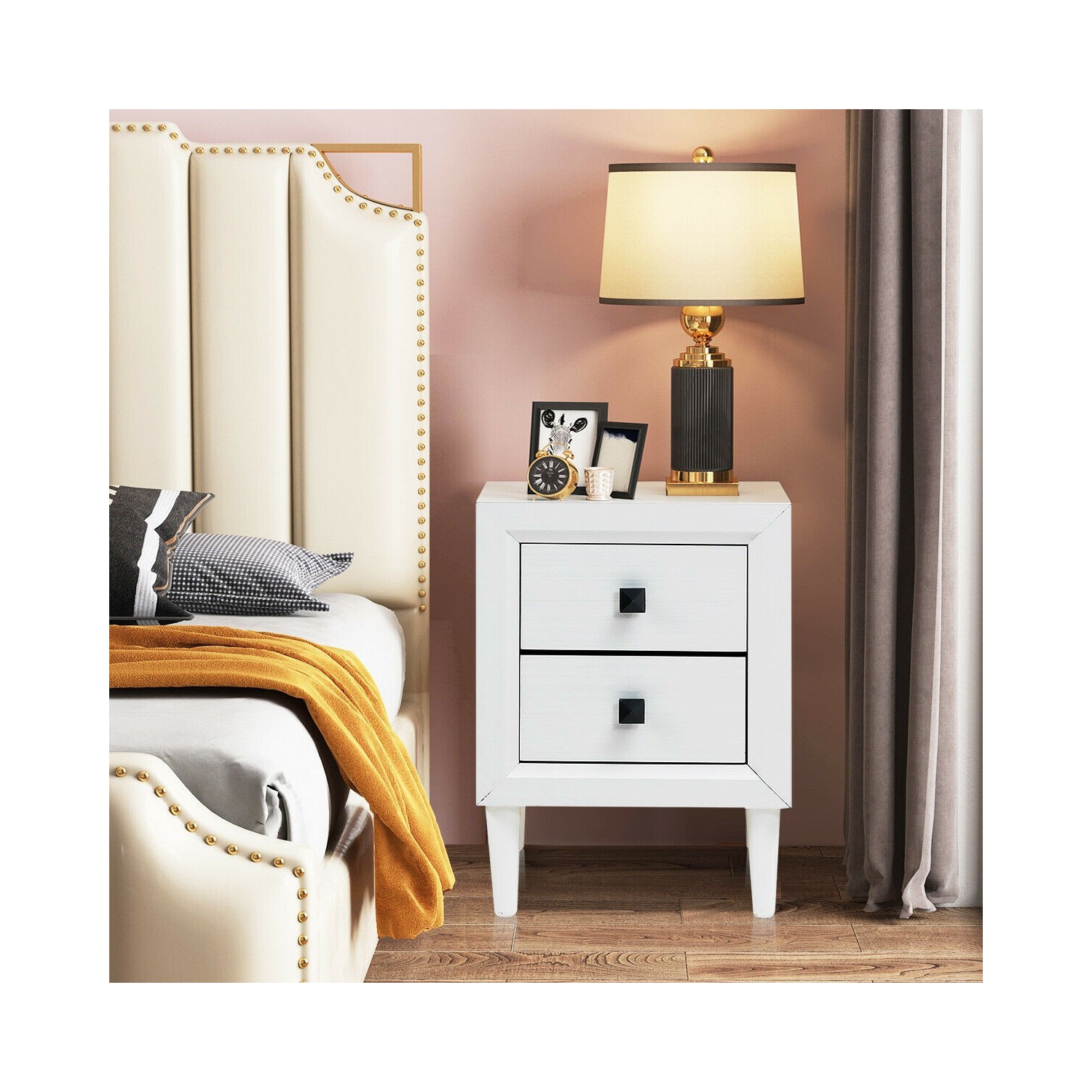 2Pcs Multipurpose Retro Nightstand with 2 Drawers-White