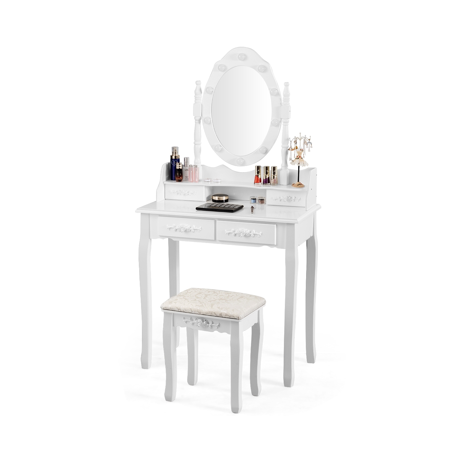 Vanity Table Set with Mirror and Soft Cushioned Stool-White