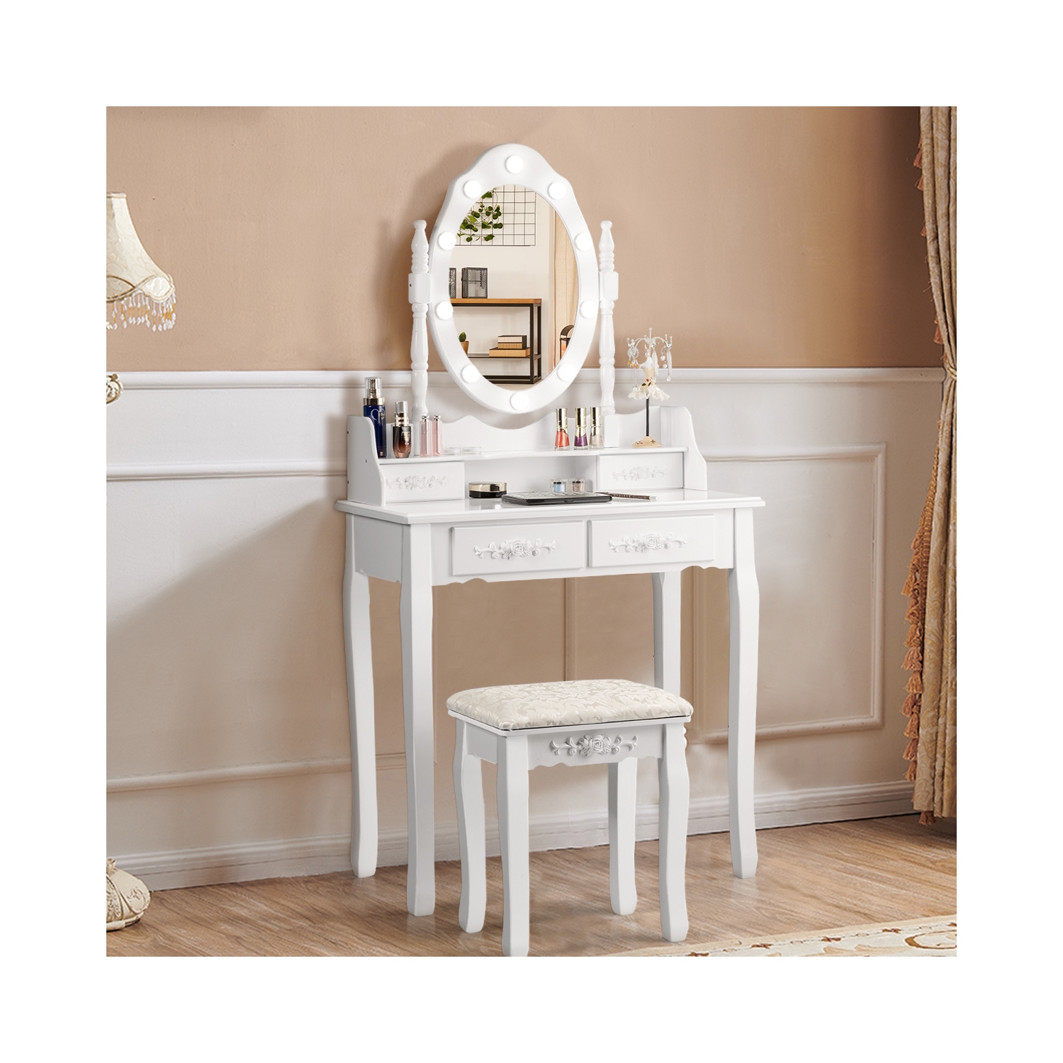 Vanity Table Set with Mirror and Soft Cushioned Stool-White