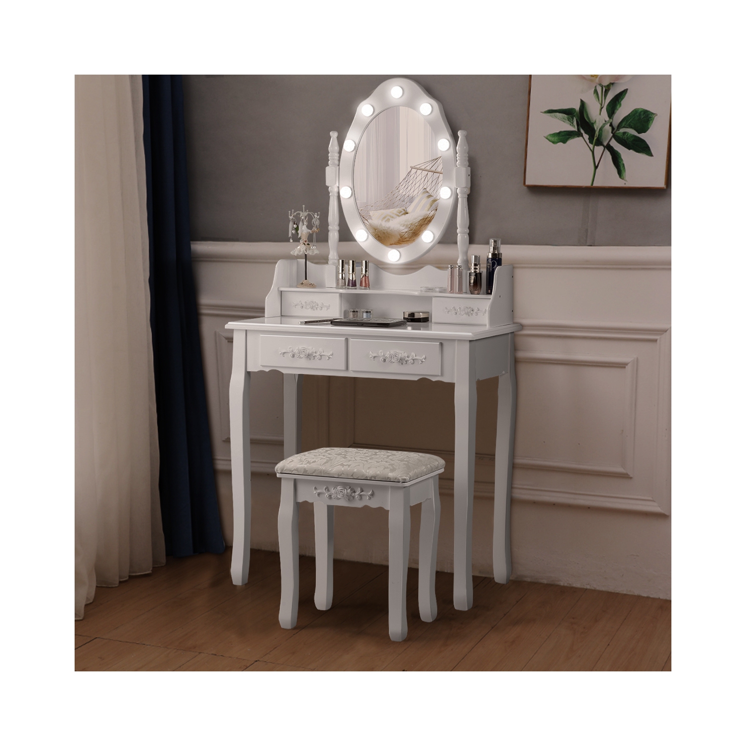 Vanity Table Set with Mirror and Soft Cushioned Stool-White