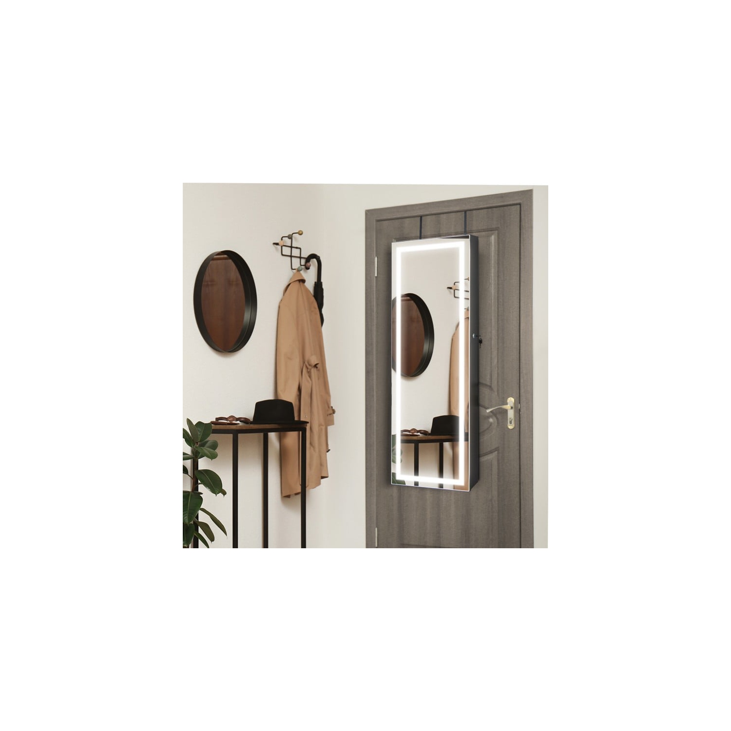 Mirrored Jewelry Storage Cabinet with Full-Length Mirror and LED Lights