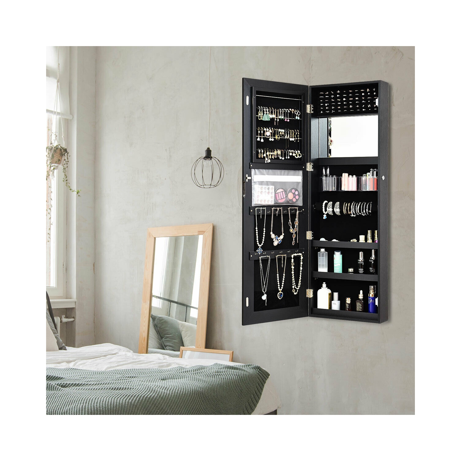 Mirrored Jewelry Storage Cabinet with Full-Length Mirror and LED Lights