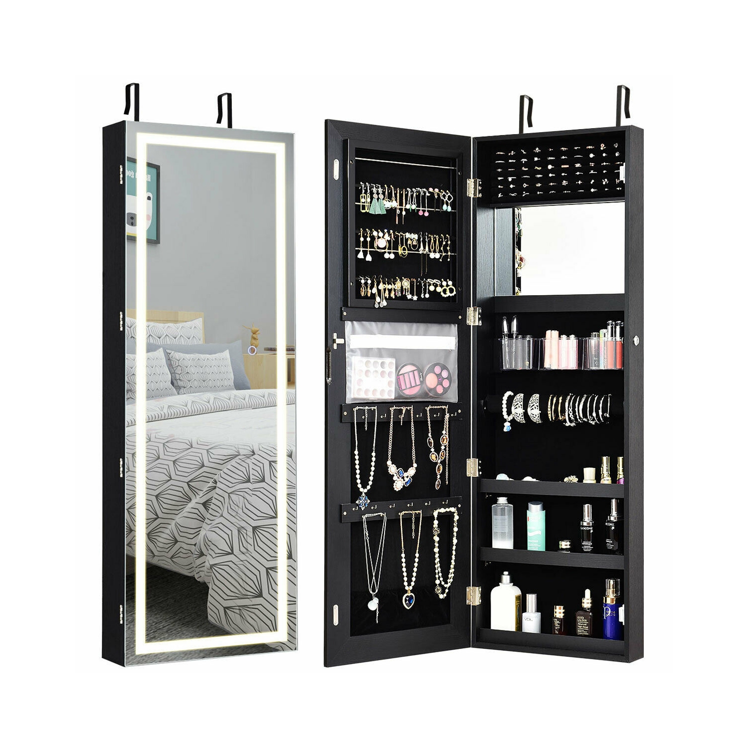 Mirrored Jewelry Storage Cabinet with Full-Length Mirror and LED Lights