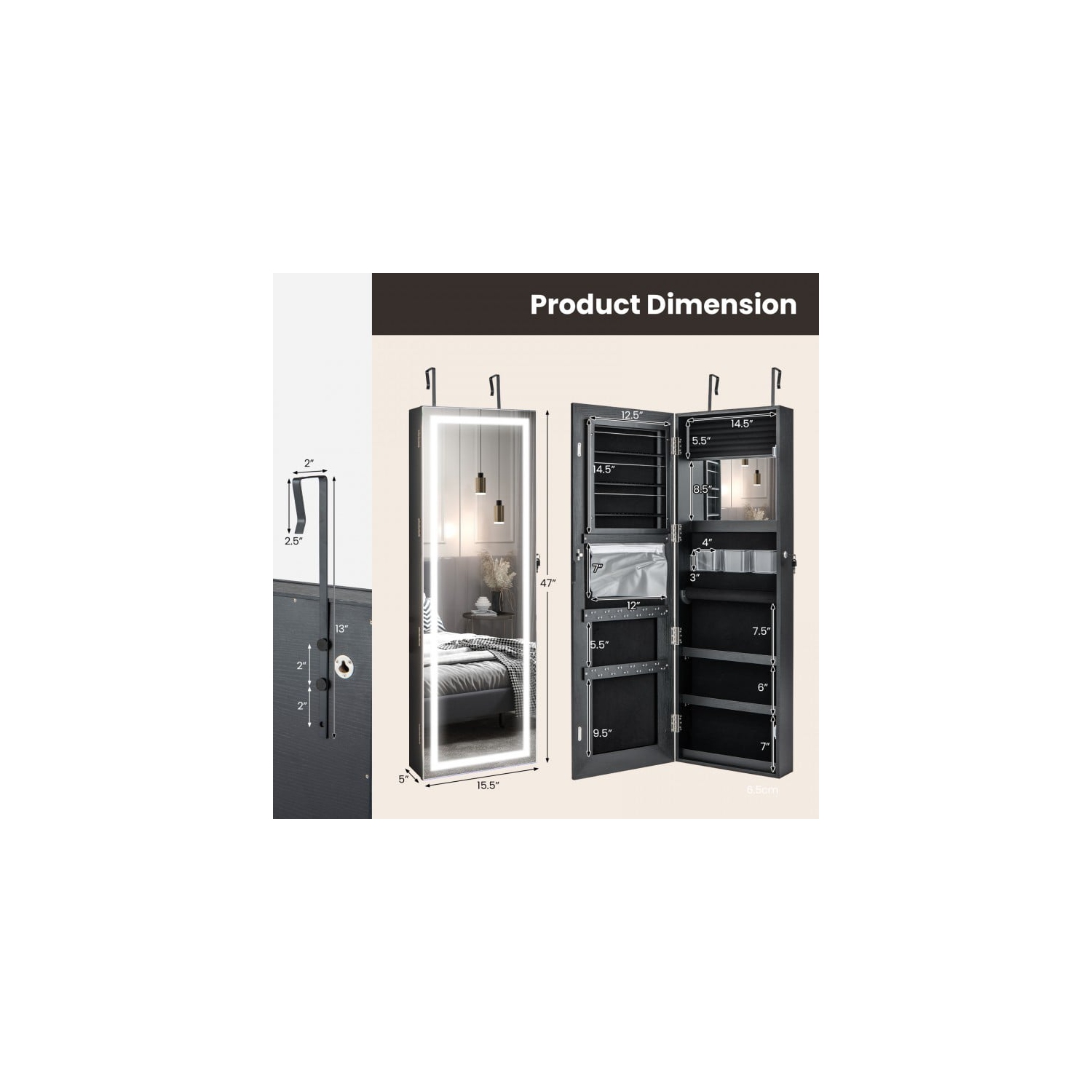 Mirrored Jewelry Storage Cabinet with Full-Length Mirror and LED Lights